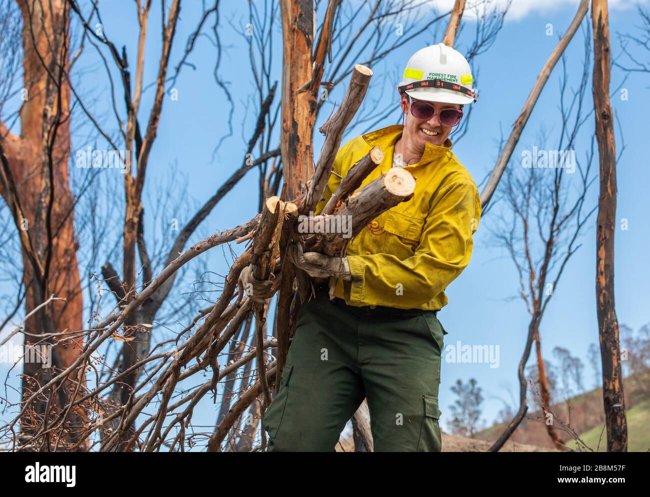 I vigili del fuoco americani aiutano a eliminare i detriti dagli incendi del complesso Peat and Tambo il 18 febbraio 2020 a Victoria, Australia. L'area è stata devastata nei 2019 incendi boschivi e si sta lentamente riprendendo quando le piante iniziano a germogliare. Foto Stock