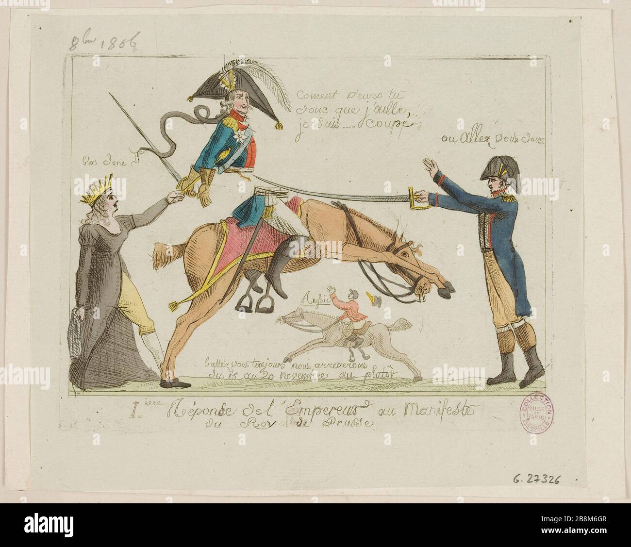 1 Risposta al Manifesto Imperatore del Re di Prussia Anonyme. '1er réponse de l'Empereur au Manifeste du Roy de Prusse'. Eau-forte coloriée, 1806. Parigi, musée Carnavalet. Foto Stock