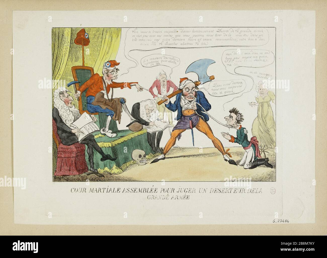 Riunione di corte marziale per giudicare un disertore del grande esercito (1813). "Cour martiale assemblée pour juger un déserteur de la grande armée", 1813. Eau-forte couleur anonyme d'après George Cruikshank (1792-1878). Parigi, musée Carnavalet. Foto Stock