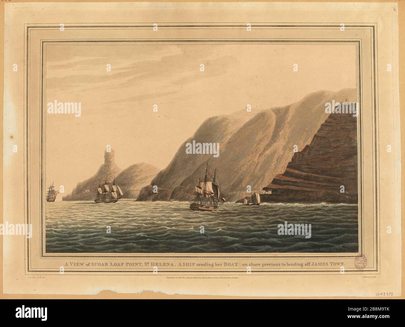 UNA VISTA DEL PUNTO DI PAGNOTTA DELLO ZUCCHERO, ST. HELENA. Una NAVE che invia la SUA BARCA a riva per atterrare al largo DI JAMES TOWN.(ti) Foto Stock