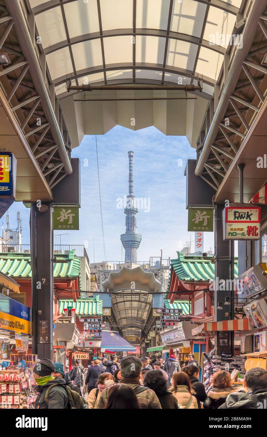 tokyo, giappone - gennaio 28 2020: I turisti che camminano nelle vicine vie dello shopping arcade di Shin-Nakamise del tempio Sensoji ad Asakusa con Tokyo S. Foto Stock