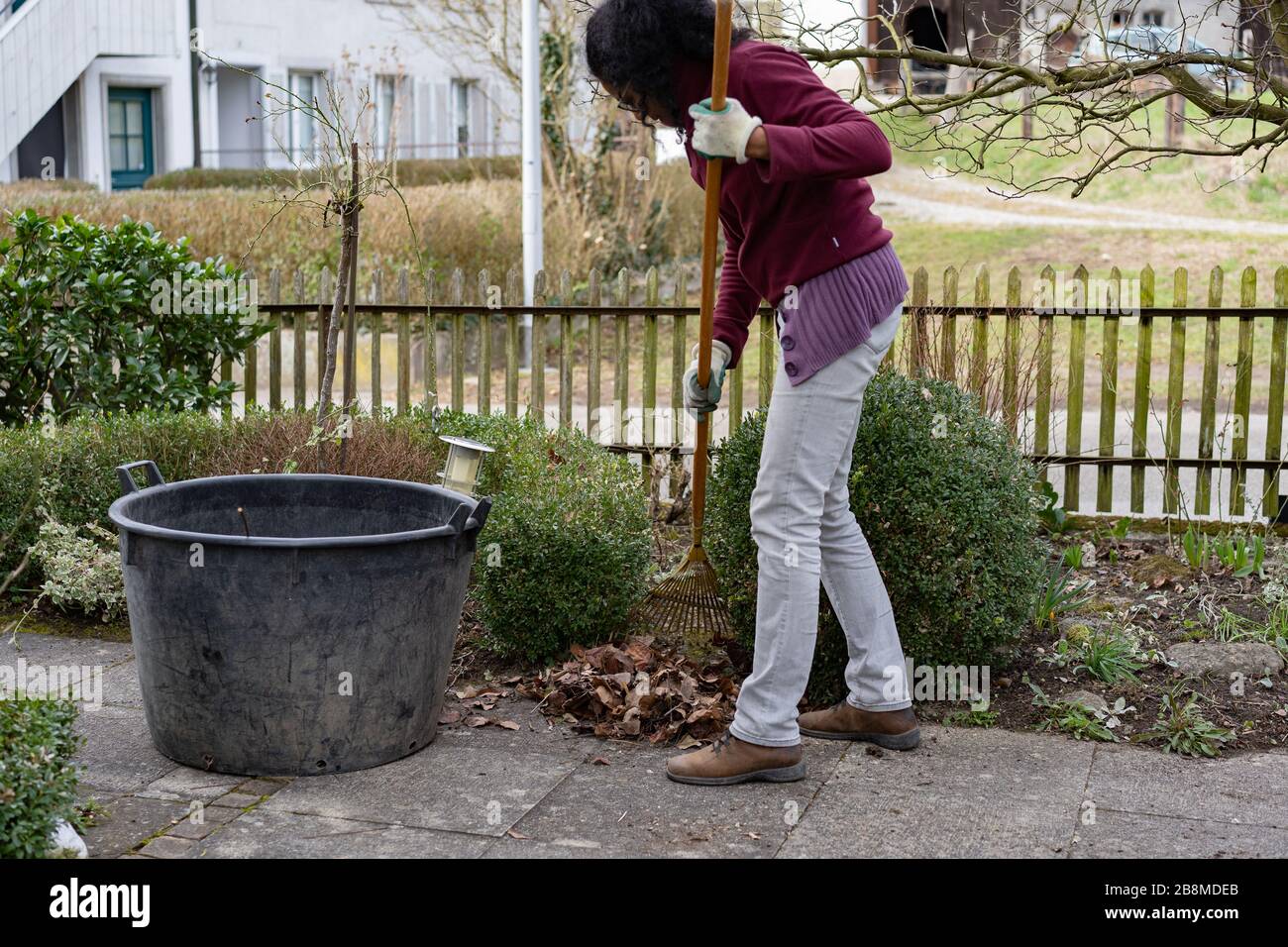 Giovane donna è rastrellare foglie con rastrello giardino, pulizia sentiero e aiuole in primavera in giardino. Ritratto di donna giardinaggio. Foto Stock
