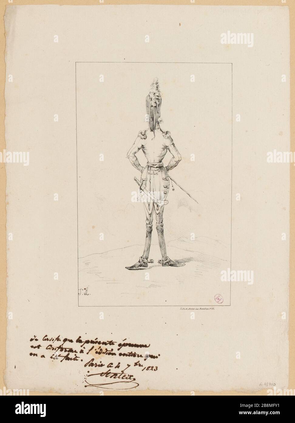 Caricatura raffigurante un ufficiale di uniforme militare con la sua parte posteriore in piedi. (TF) Foto Stock