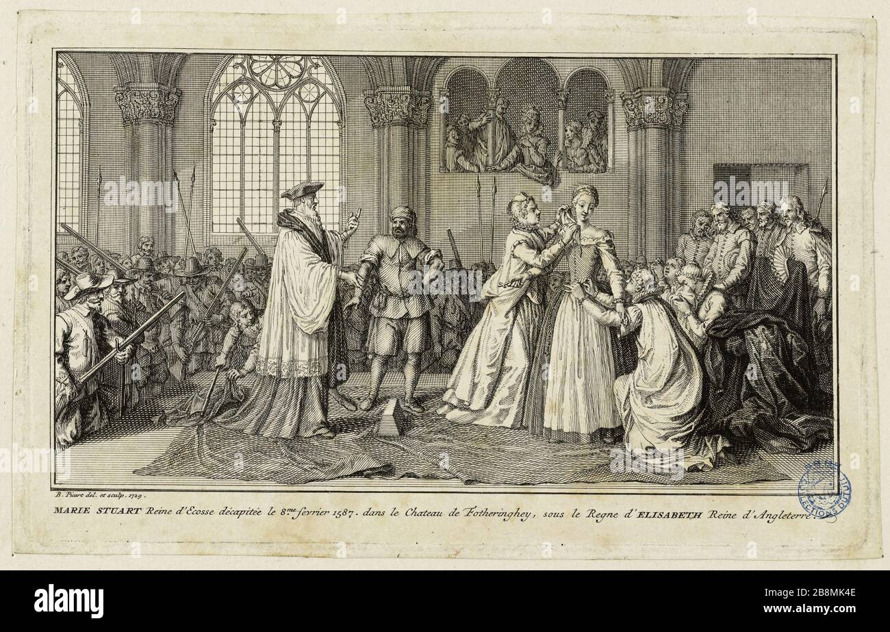 Mary Stuart, Regina di Scozia, decapitata il 8 febbraio 1587 Bernard Picart (1673-1733). Marie Stuart, Reine d'Ecosse décaptée le 8 février 1587. Eau-forte et burin, 1729. Musée des Beaux-Arts de la Ville de Paris, Petit Palais. Foto Stock