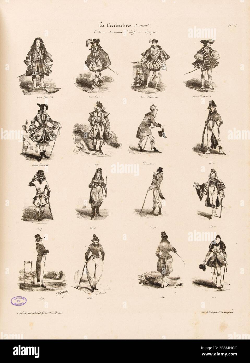 Costumi francesi in diverse epoche Eugène-Hippolyte Forest (1808-1891). Caricature de presse. 'Costumi français à différentes Epoques'. Planche parue dans 'la Caricature' du 27 janvier 1831. Lithographie. Parigi, Maison de Balzac. Foto Stock