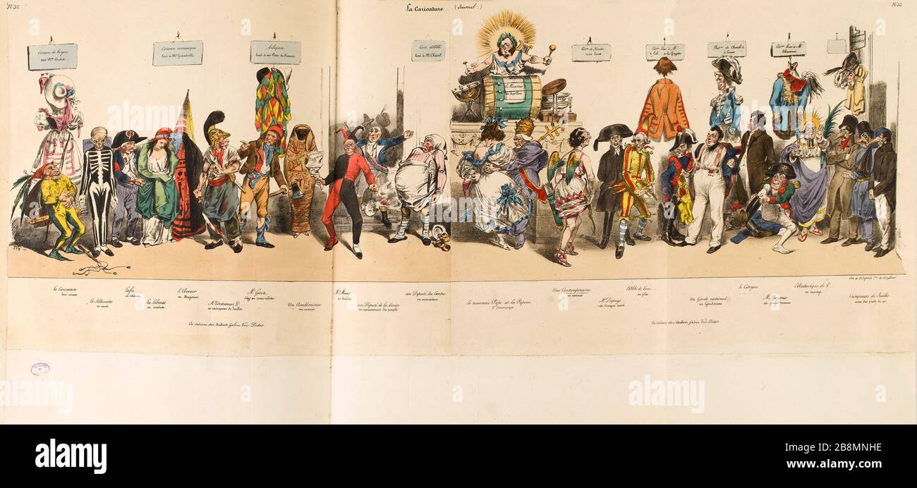 I bacchanalia del 1831, pl. 1 e 2. [Costume di pastorella per Miss Duche ...] Jean Ignace Isidore Gérard Grandville (1803-1847). Caricature de presse. 'Les bacchanales de 1831, pl. 1 e 2. (Costume de bergère pour Melle Duche,…)'. Planche parue dans 'la Caricature' du 17 février 1831. Lithographie. Parigi, Maison de Balzac. Foto Stock