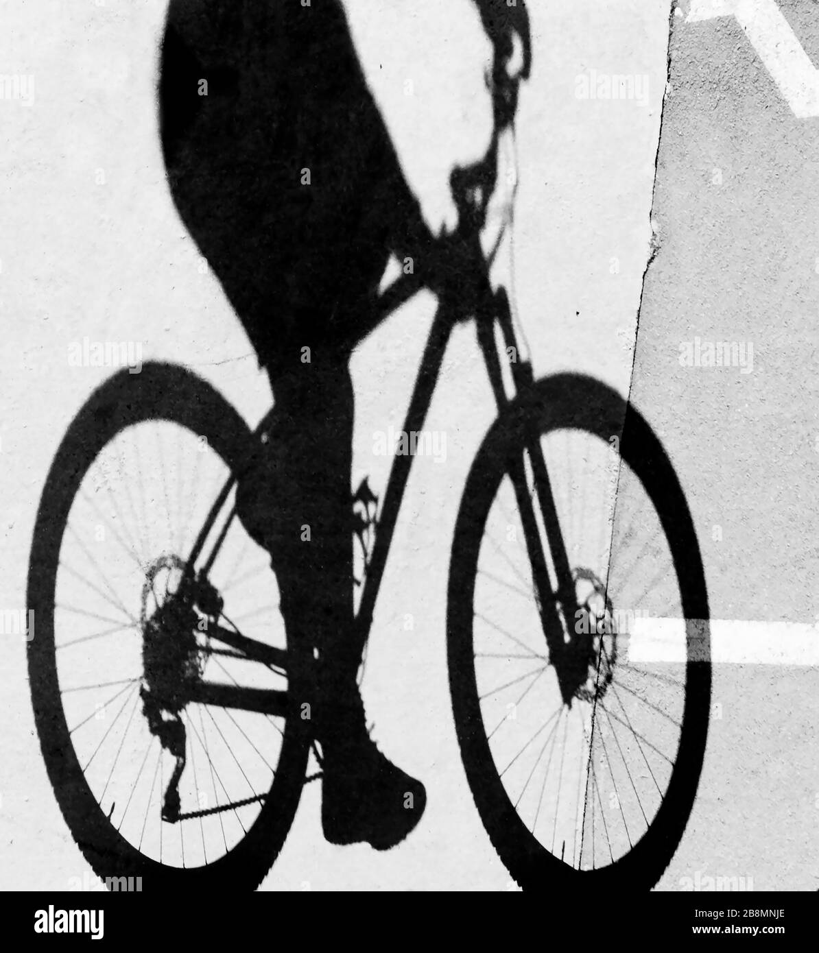 Silhouette sfumata di una giovane donna in bicicletta, dettaglio in bianco e nero Foto Stock