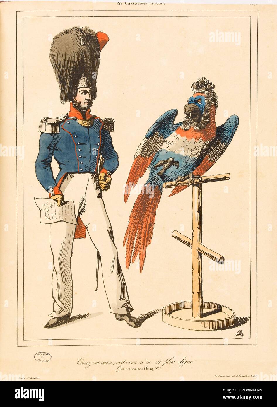 Fermare i voti, verde-verde non è più degno Anonyme. Caricature de presse. 'CESSEZ vos vœux, vert-vert n’en est Plus digne'. Planche parue dans 'la Caricature' du 7 juillet 1831. Lithographie. Parigi, Maison de Balzac. Foto Stock