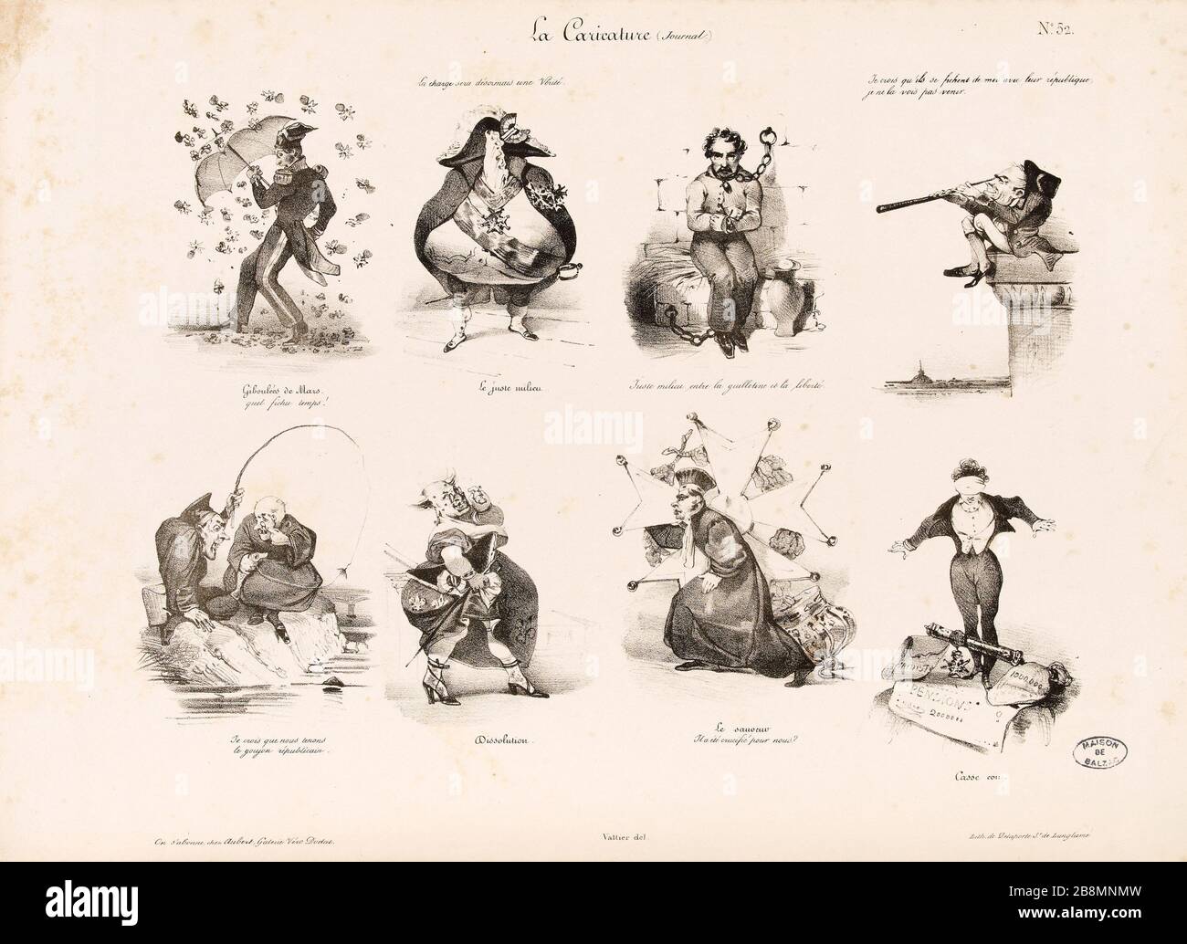 Giboulées Mars ... Vattier. Caricature de presse. "Giboulées de Mars". Planche parue dans 'la Caricature' du 28 avril 1831. Lithographie. Parigi, Maison de Balzac. Foto Stock
