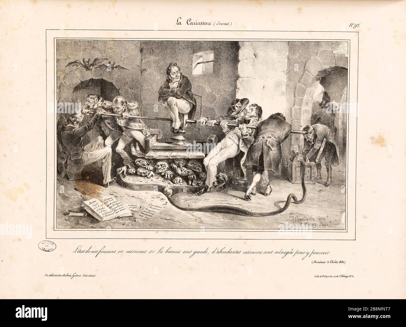 Lo stato delle nostre finanze è rassicurante se i bisogni sono grandi, le risorse abbondanti sono fornite per soddisfare quei bisogni. Jean Ignace Isidore Gérard Grandville (1803-1847). Caricature de presse. «l'état de nos finances est rassurant si les besoins sont grands, d'abondantes ressources sont Ménagées pour y pourvoir». Planche parue dans 'la Caricature' du 15 settembre 1831. Lithographie. Parigi, Maison de Balzac. Foto Stock