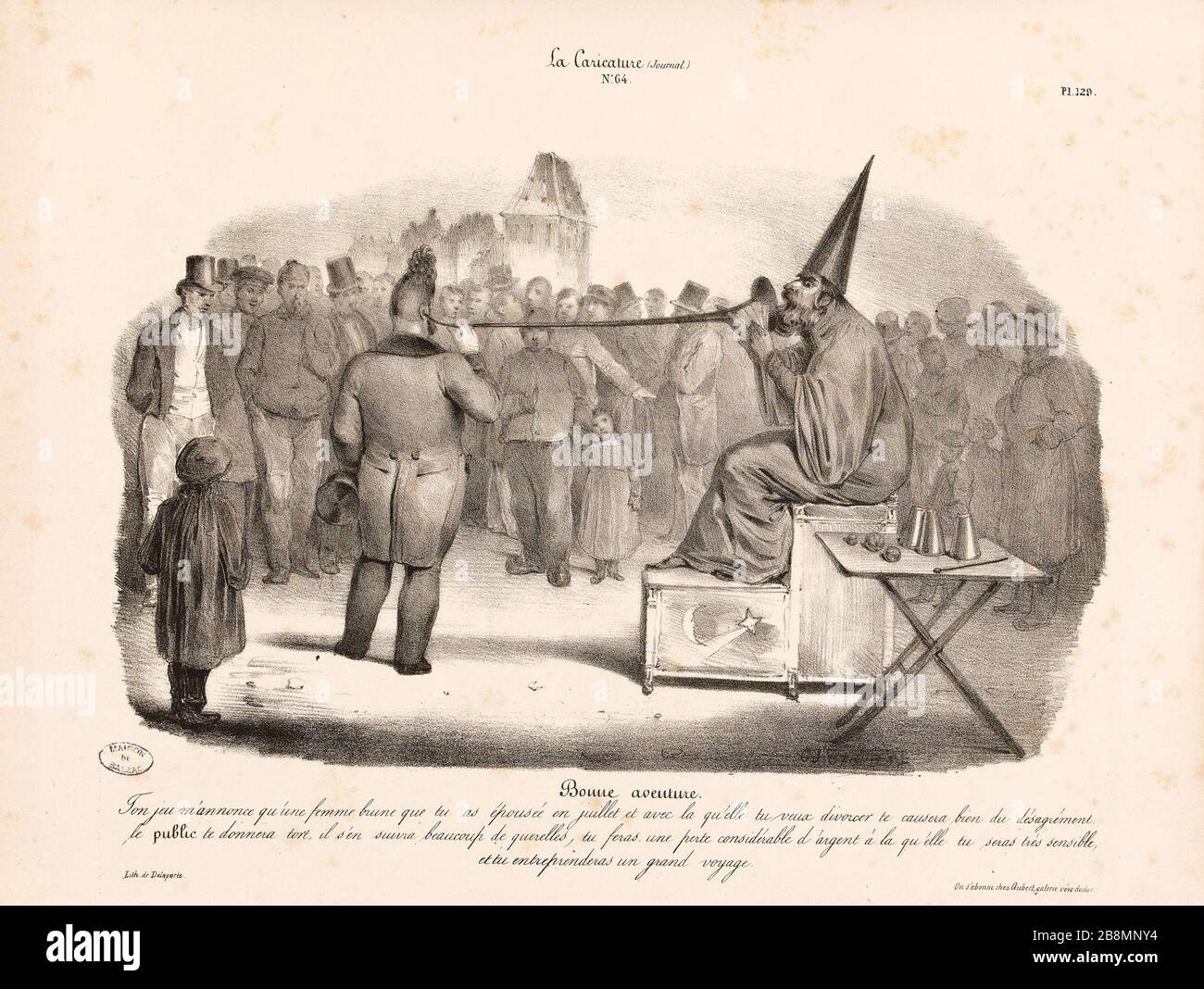 Buona avventura Charles Joseph Traviès de Villers, dit Traviès (1804-1859). Caricature de presse. 'onne aventure'. Planche parue dans 'la Caricature' du 19 janvier 1832. Lithographie. Parigi, Maison de Balzac. Foto Stock