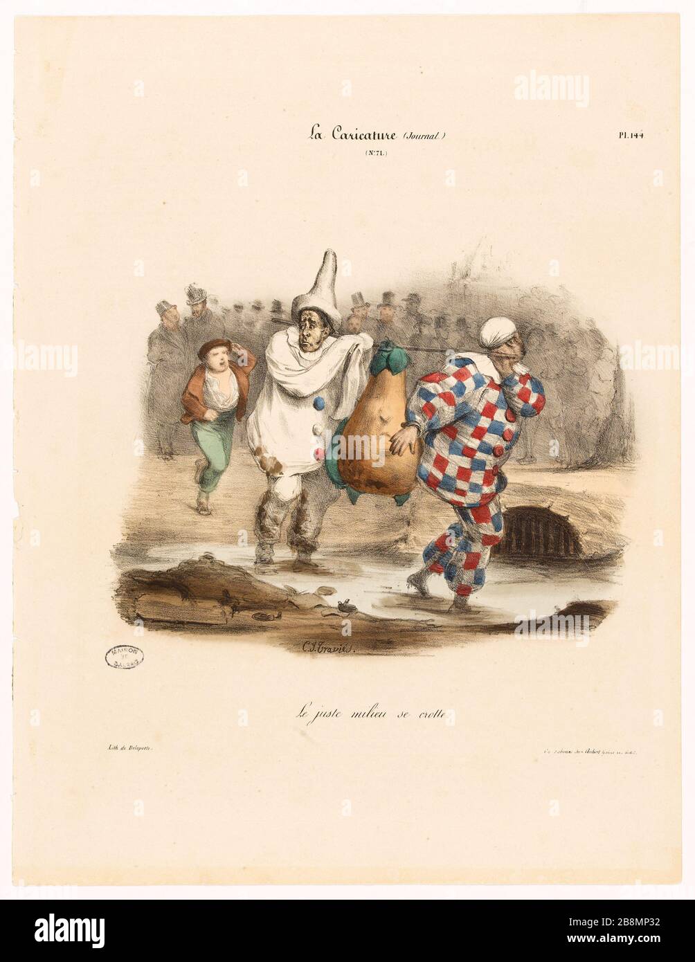 Il terreno centrale è fango Charles Joseph Traviès de Villers, dit Traviès (1804-1859). Caricature de presse. "Le juste milieu se crotte". Planche parue dans 'la Caricature' du 8 Mars 1832. Lithographie. Parigi, Maison de Balzac. Foto Stock