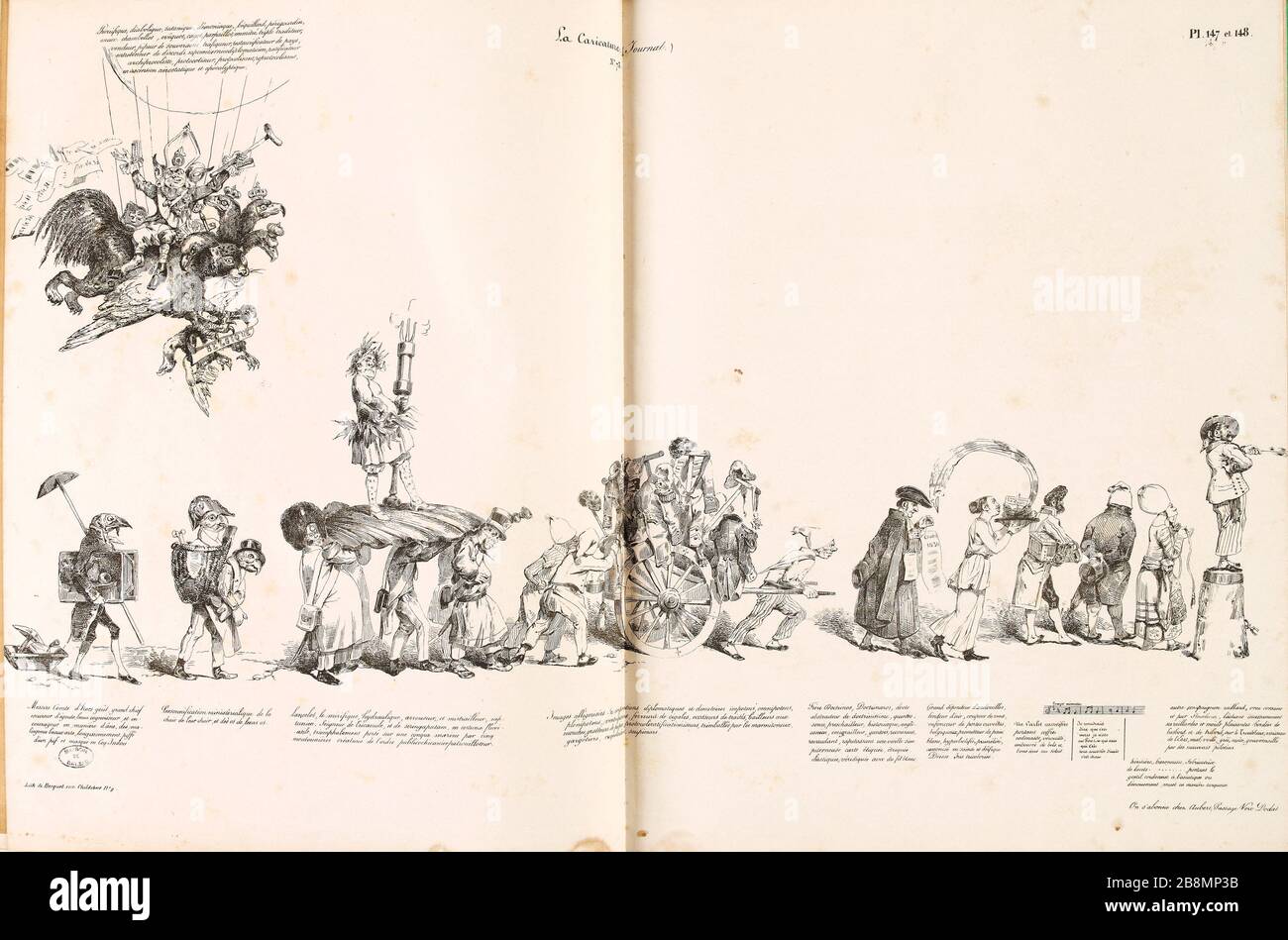 Marzo di Big Bold e Bestia, pl. 3 e 4. Il terribile, diabolico, satanico, demonico, parabolico, Perigord ... Jean Ignace Isidore Gérard Grandville (1803-1847). Caricature de presse. 'La Marche de Gros Gras et Bête, pl. 3 e 4. L'orrifique, diabolique, satanique, démoniaque, béquillard, périgord…'. Planche parue dans 'la Caricature' du 22 Mars 1832. Lithographie. Parigi, Maison de Balzac. Foto Stock