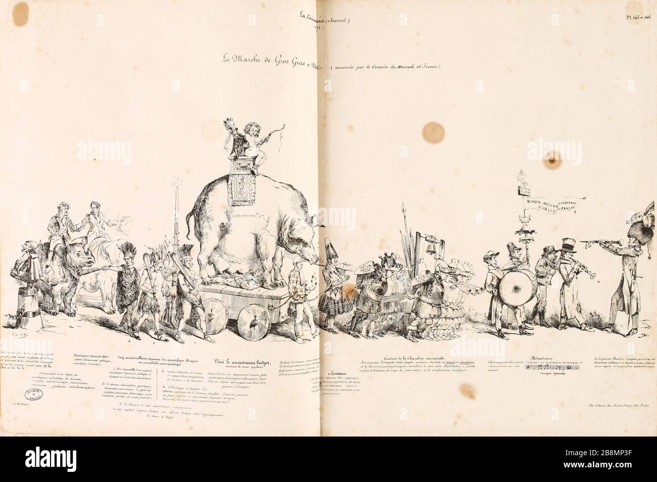 Marzo di Big Bold e Bestia, pl. 1 e 2. Walk and Big Fat Beast (annunciato da Corsair Mercoledì 15 febbraio) Jean Ignace Isidore Gérard Grandville (1803-1847). Caricature de presse. 'La Marche de Gros Gras et Bête, pl. 1 e 2. La Marche de Gros Gras et Bête (annoncée par le Corsaire du Mercredi 15 Fevrier)». Planche parue dans 'la Caricature' du 15 Mars 1832. Lithographie. Parigi, Maison de Balzac. Foto Stock