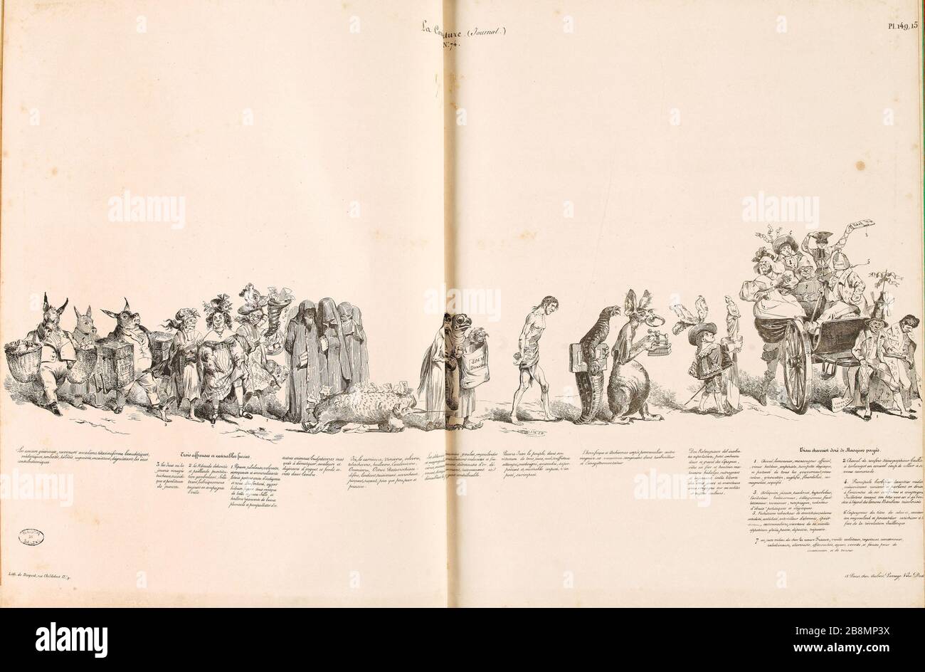 Marzo di Big Bold e Bestia, pl. 5 e 6. I generali asniers, Arcadian destinatari tétasiniformes beaudetiques ... Jean Ignace Isidore Gérard Grandville (1803-1847). Caricature de presse. 'La Marche de Gros Gras et Bête, pl. 5 e 6. Les asniers généraux, receveurs arcadiens, tétasiniformes beaudetiques…'. Planche parue dans 'la Caricature' du 29 Mars 1832. Lithographie. Parigi, Maison de Balzac. Foto Stock