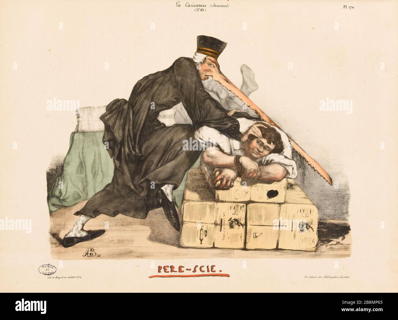Pere-sciēs Auguste Bouquet (1810-1846). Caricature de presse. 'Pere-scie'. Planche parue dans 'la Caricature' du 14 juin 1832. Lithographie. Parigi, Maison de Balzac. Foto Stock