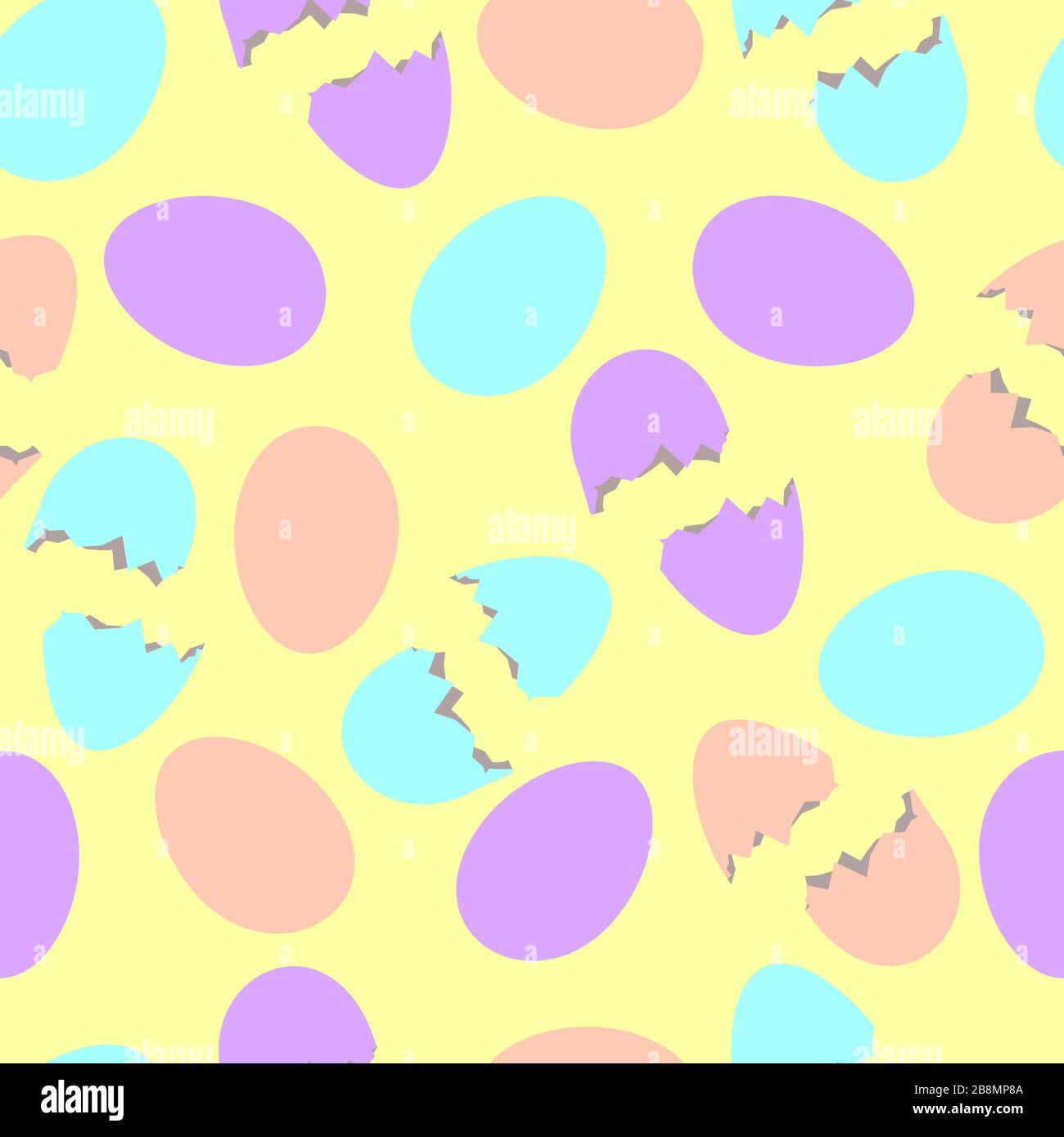 Uova pasquali viola, arancio, ciano intere e tagliate a metà su sfondo giallo. Modello pasquale senza cuciture. Illustrazione Vettoriale