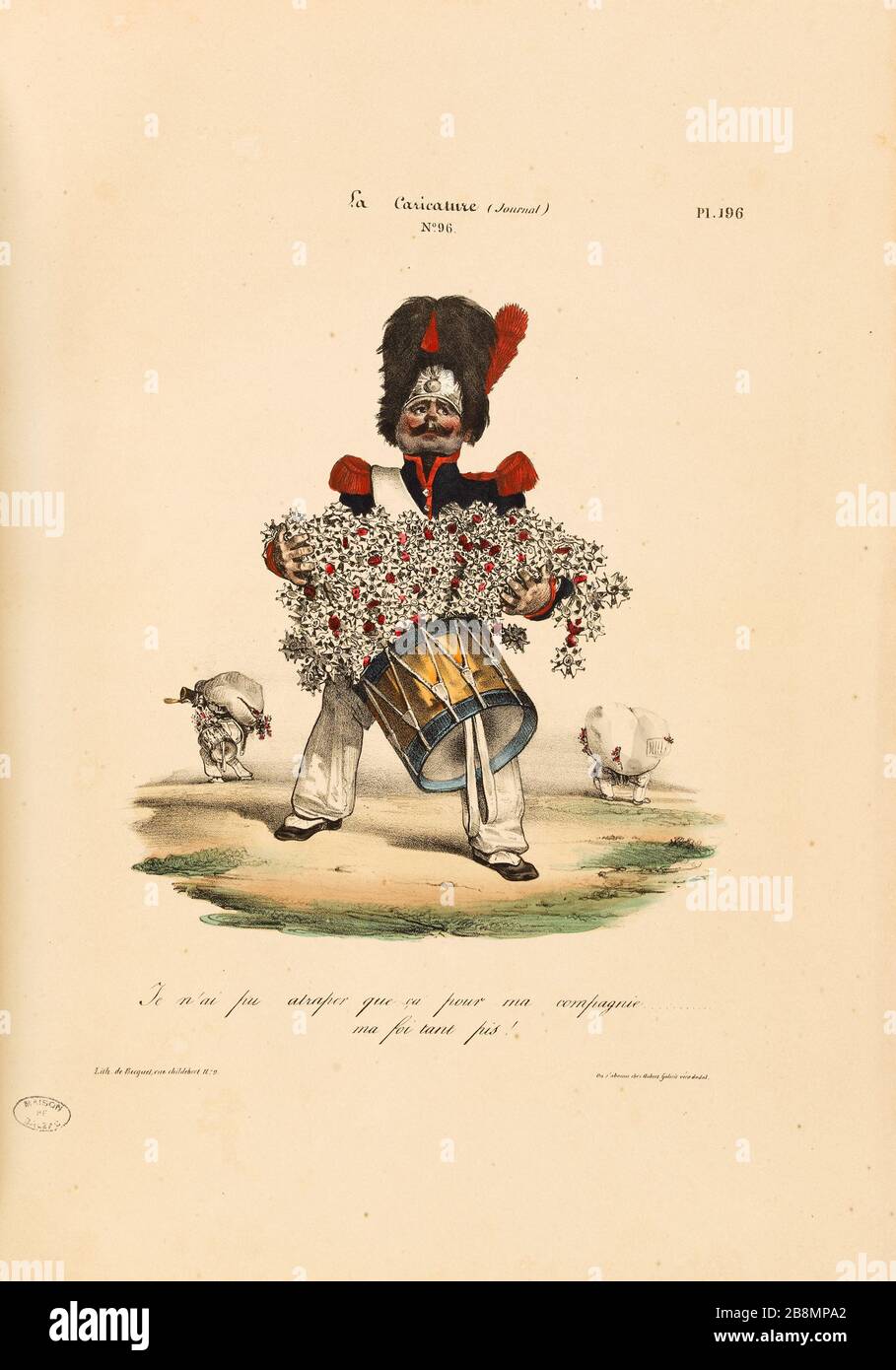 Potrei stuprarlo per la mia azienda ...... la mia fede troppo difettosa! Anonyme. Caricature de presse. 'JE n’ai pu atraper que ça pour ma compagnie…… ma foi tant pis !'. Planche parue dans 'la Caricature' du 6 settembre 1832. Lithographie. Parigi, Maison de Balzac. Foto Stock