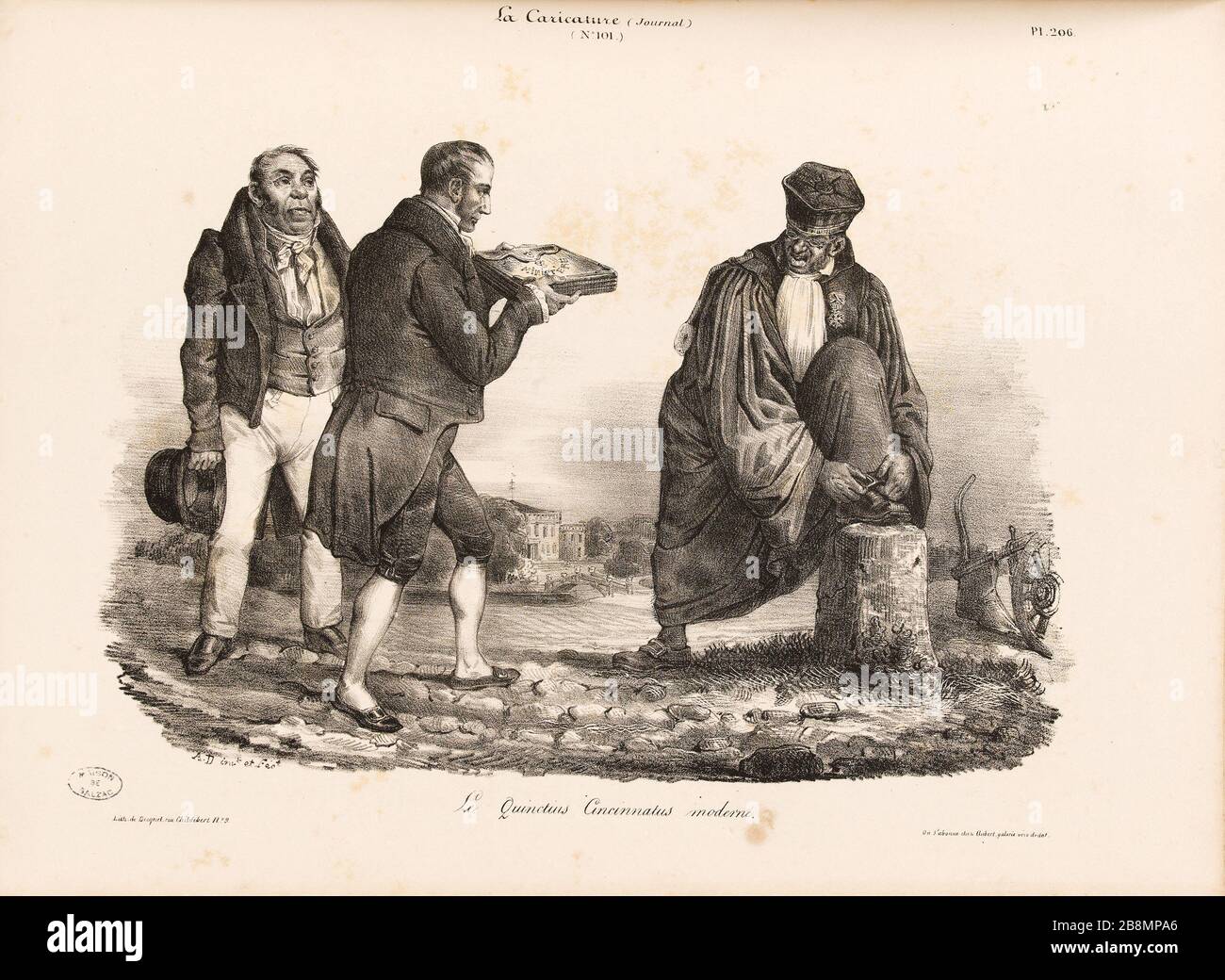 Le vale a dire modeme Auguste Desperet (1804-1865). Caricature de presse. "Le Quinctius Cincinnatus moderne". Planche parue dans 'la Caricature' du 11 ottobre 1832. Lithographie. Parigi, Maison de Balzac. Foto Stock