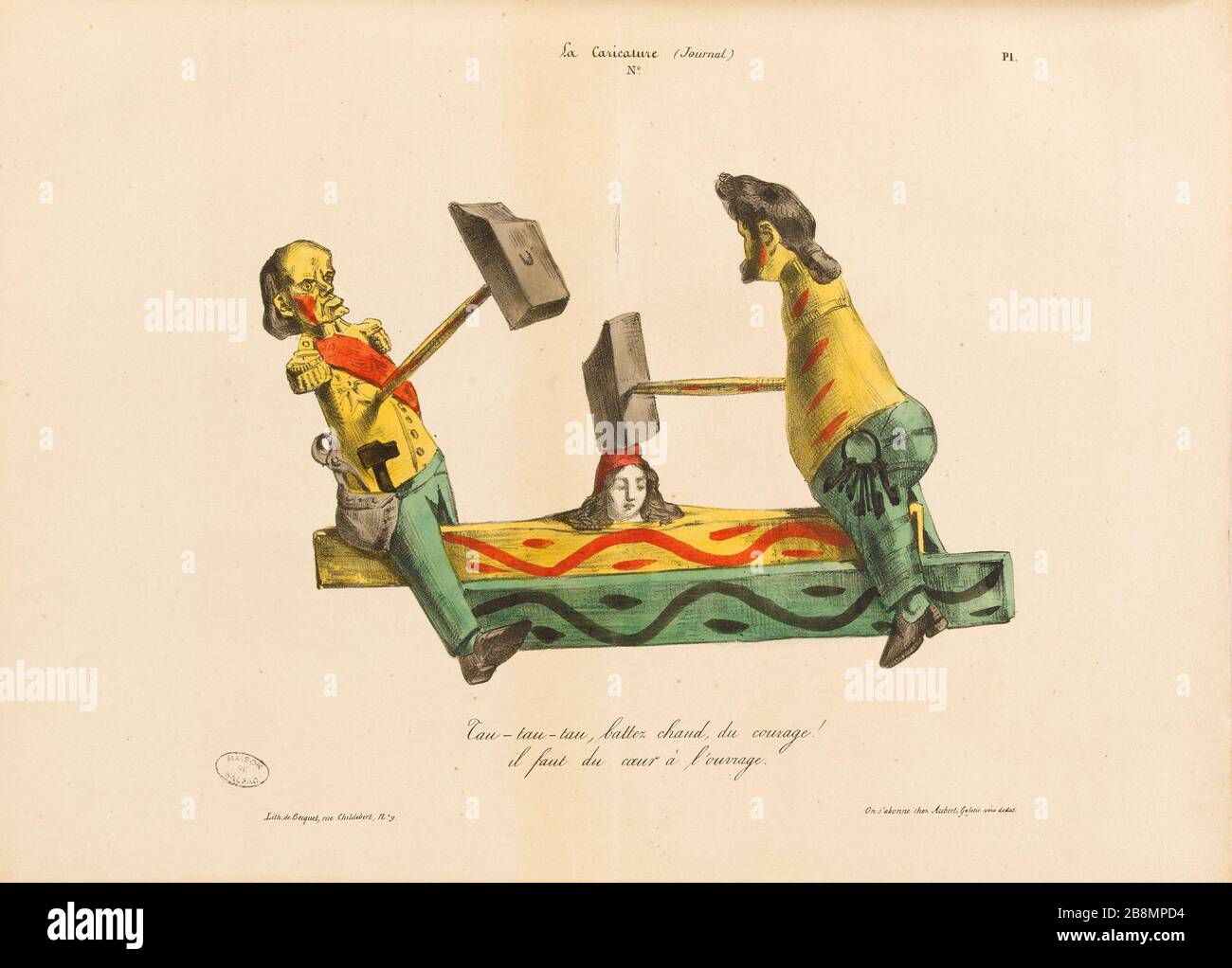 Tau-tau-tau, battere caldo, coraggio! Si prende il cuore di lavorare Jean Ignace Isidore Gérard Grandville (1803-1847). Caricature de presse. 'Tau-tau-tau, battez chaud, du Courage ! il faut du cœur à l'ouvrage'. Planche parue dans 'la Caricature' du 29 novembre 1832. Lithographie. Parigi, Maison de Balzac. Foto Stock