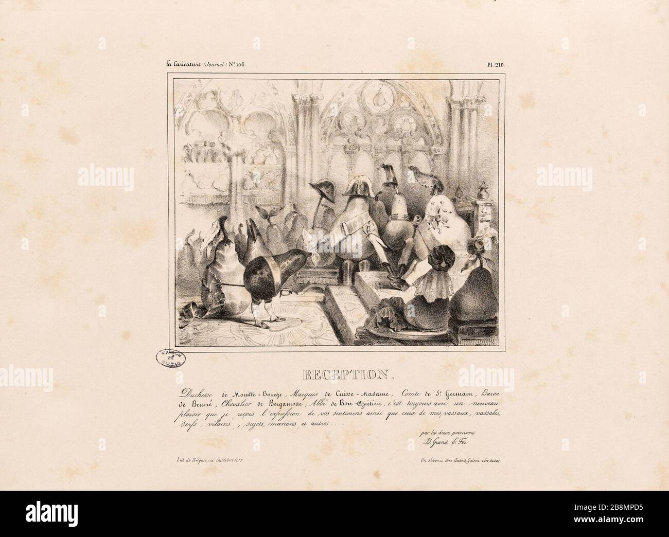 Accoglienza Jean Ignace Isidore Gérard Grandville (1803-1847). Caricature de presse. 'Réception'. Planche parue dans 'la Caricature' du 15 novembre 1832. Lithographie. Parigi, Maison de Balzac. Foto Stock