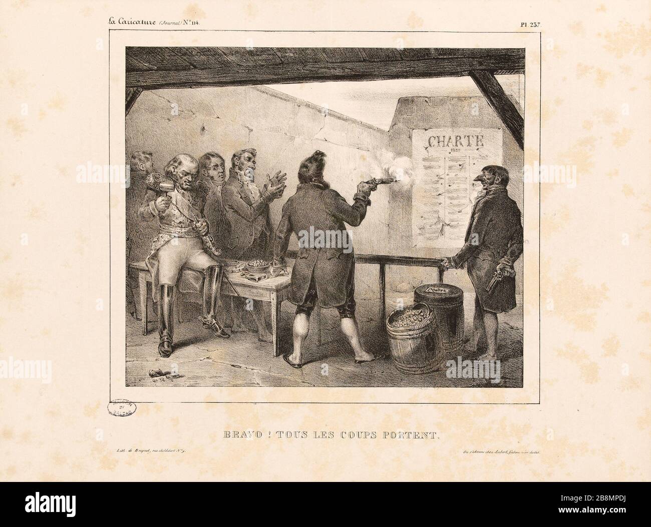 Bravo! Tutti gli scatti sono Auguste Desperet (1804-1865). Caricature de presse. "Bravo! Tous les coups portent'. Planche parue dans 'la Caricature' du 10 janvier1833. Lithographie. Parigi, Maison de Balzac. Foto Stock