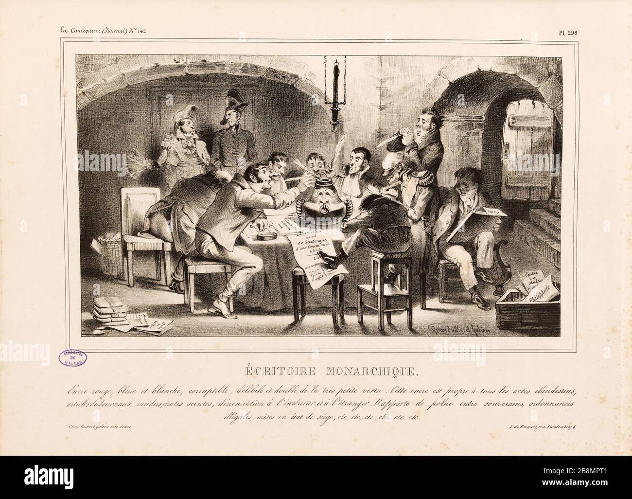 Cartella monarchica Jean Ignace Isidore Gérard Grandville (1803-1847). Caricature de presse. 'Ecritoire monarchique'. Planche parue dans 'la Caricature' du 25 juillet 1833. Lithographie. Parigi, Maison de Balzac. Foto Stock