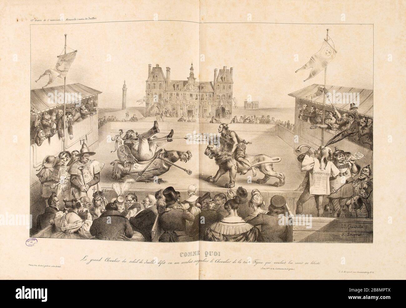 Come quello che il grande sole di luglio Cavaliere sconfitto in combattimento singolare Cavaliere della triste figura che voleva derubare lui della sua libertà. (Il 4° anno della rivoluzione in 3 giorni.) Jean Ignace Isidore Gérard Grandville (1803-1847). Caricature de presse. Comme quoi le Grand Chevalier du soleil de Juillet défit en un combattimento singulier le Chevalier de la triste Figure qui voulait lui ravir sa liberté. (L'an 4me de la révolution des 3 jours.)'. Planche parue dans 'la Caricature' du 8 août 1833. Lithographie. Parigi, Maison de Balzac. Foto Stock