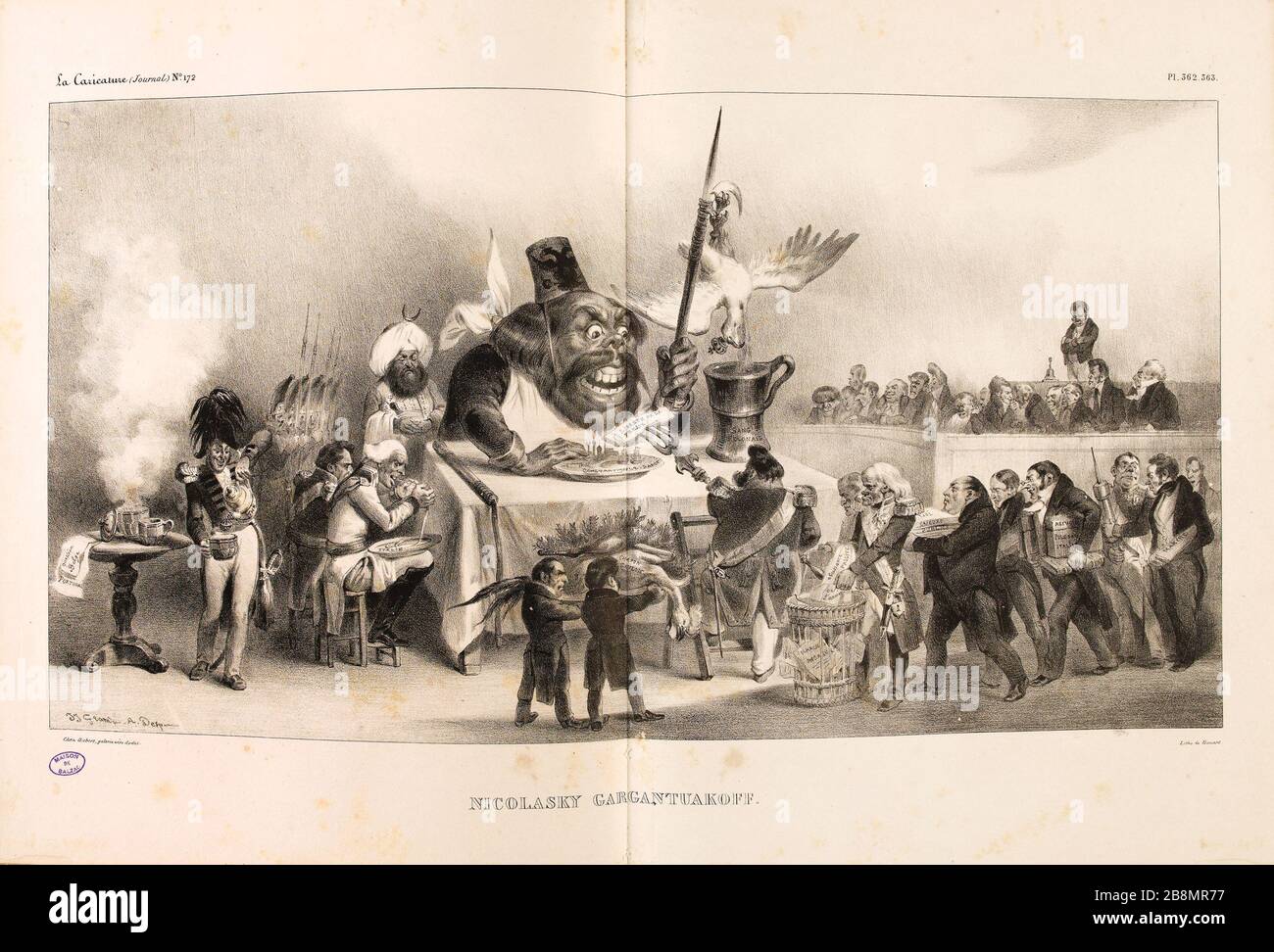 Nicolasky Gargantuakoff Jean Ignace Isidore Gérard Grandville (1803-1847). Caricature de presse. "Nicolasky Gargantuakoff". Planche parue dans 'la Caricature' du 20 février 1834. Lithographie. Parigi, Maison de Balzac. Foto Stock