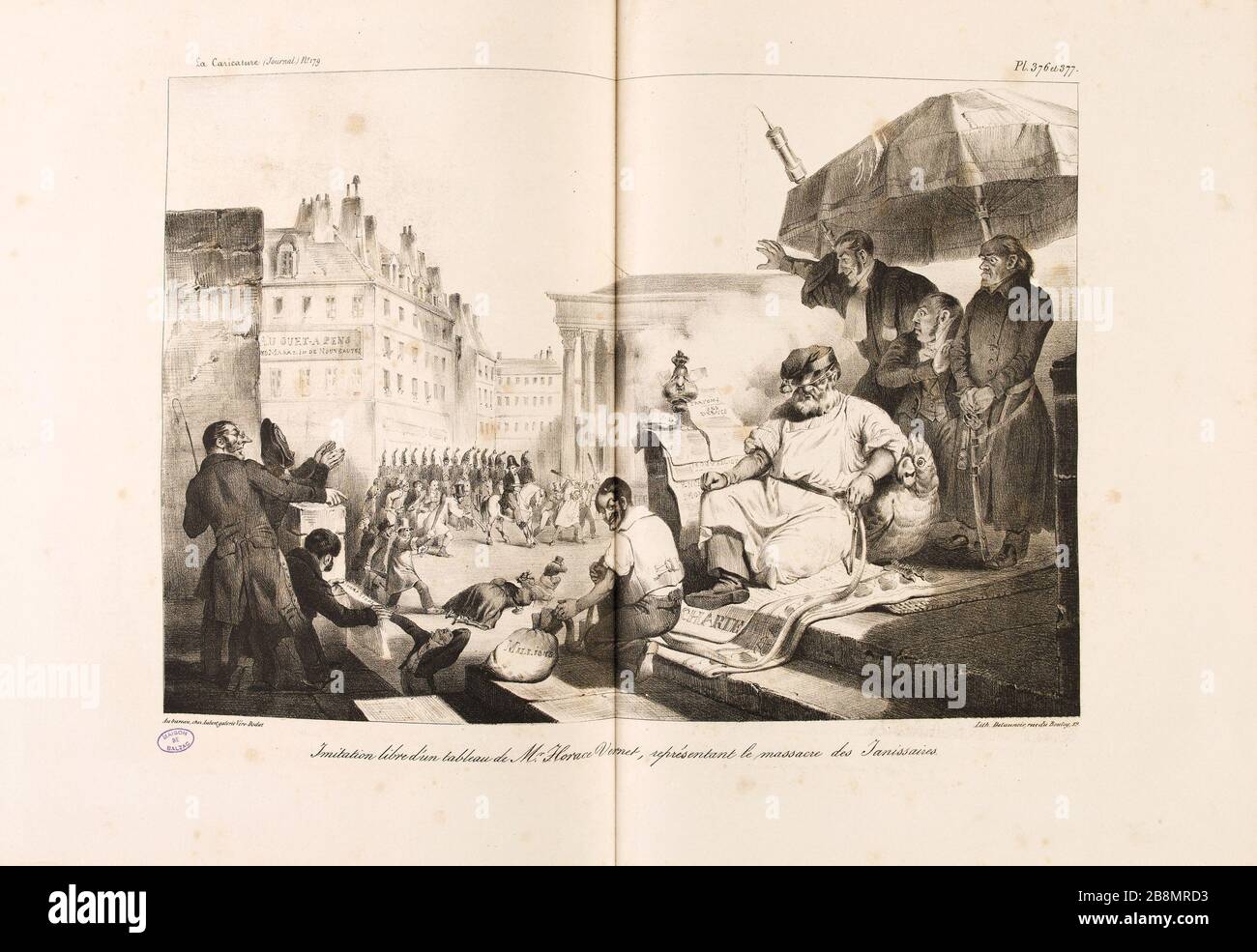 Libera imitazione di un dipinto di MR. Horace Vernet, che rappresenta il massacro dei Janissaries Jean Ignace Isidore Gérard Grandville (1803-1847). Caricature de presse. "Imitazione libre d'un tableau de MR. Horace Vernet, représentant le massacre des Janissaires". Planche parue dans 'la Caricature' du 10 avril 1834. Lithographie. Parigi, Maison de Balzac. Foto Stock
