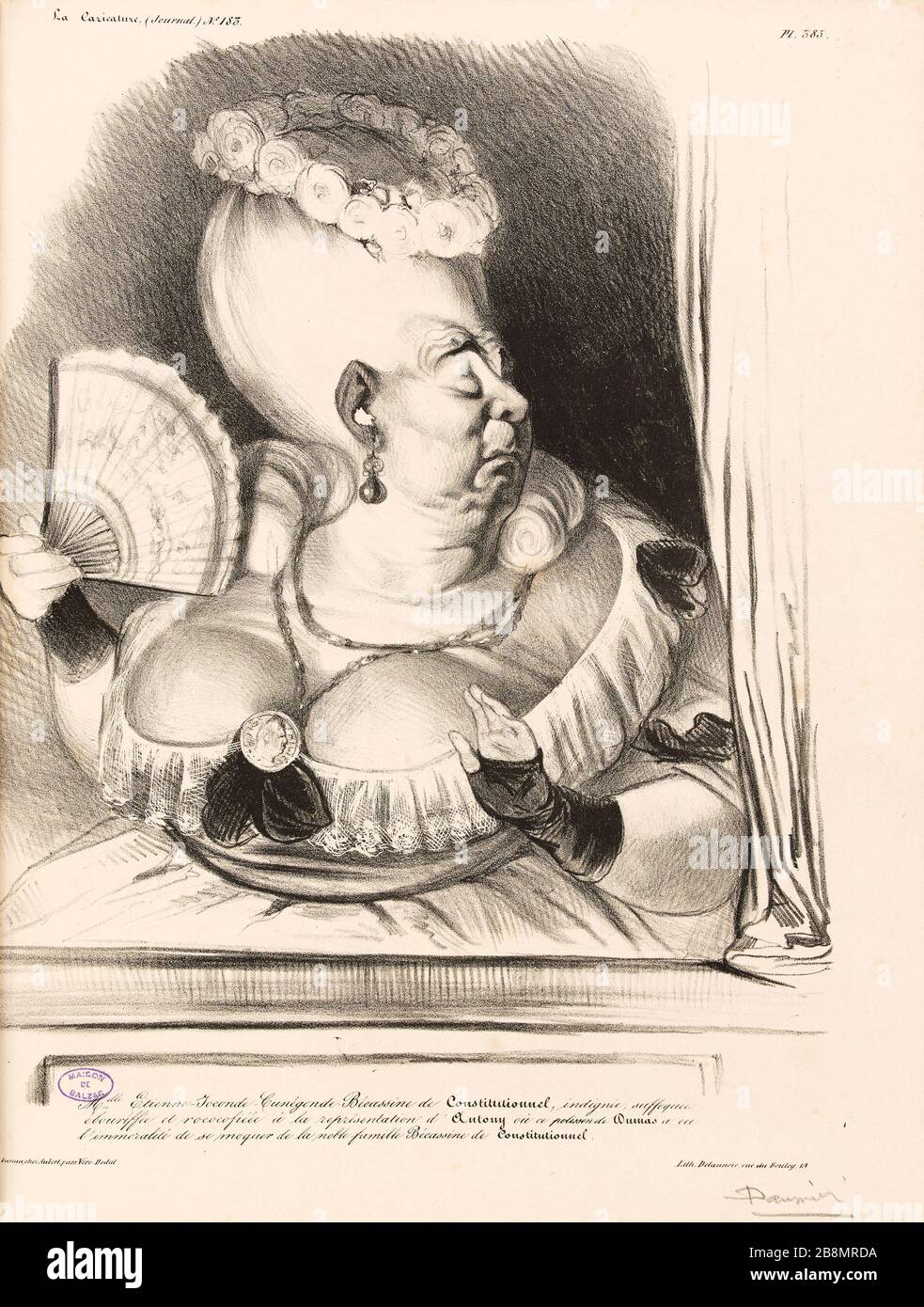 Miss Mona Lisa-Etienne-Cunegonde, Snipe costituzionale indignata e soffocata disonorata rococofiéée rappresentazione di Anonia, dove questo presuntuoso Dumas prese l'immoralità di schernire la nobile famiglia Snipe Constitutional Honoré Daumier (1808-1879). Caricature de presse. «le Etienne-Joconde-Cunégonde-Bécassine de costituzionnel, indignée, suffoquée ébouriffée et rococofiéée à la représentation d’Anony où ce polisson de Dumas a eu l’immoralité de se moquer de la nobile famiglia Bécassine de costituzionnel». Planche parue dans 'la Caricature' du 8 mai 1834. Lithographie. Parigi, Maison de Balzac Foto Stock