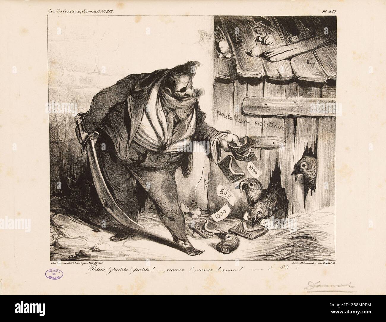 Piccolo! piccolo! piccolo! ... dai! vieni ! vieni ! Allora vieni a prendere i tacchini! Honoré Daumier (1808-1879). Caricature de presse. 'Petits ! petits ! petits !... venez ! venez ! venez ! Venez donc Dindons !'. Planche parue dans 'la Caricature' du 27 novembre 1834. Lithographie. Parigi, Maison de Balzac. Foto Stock