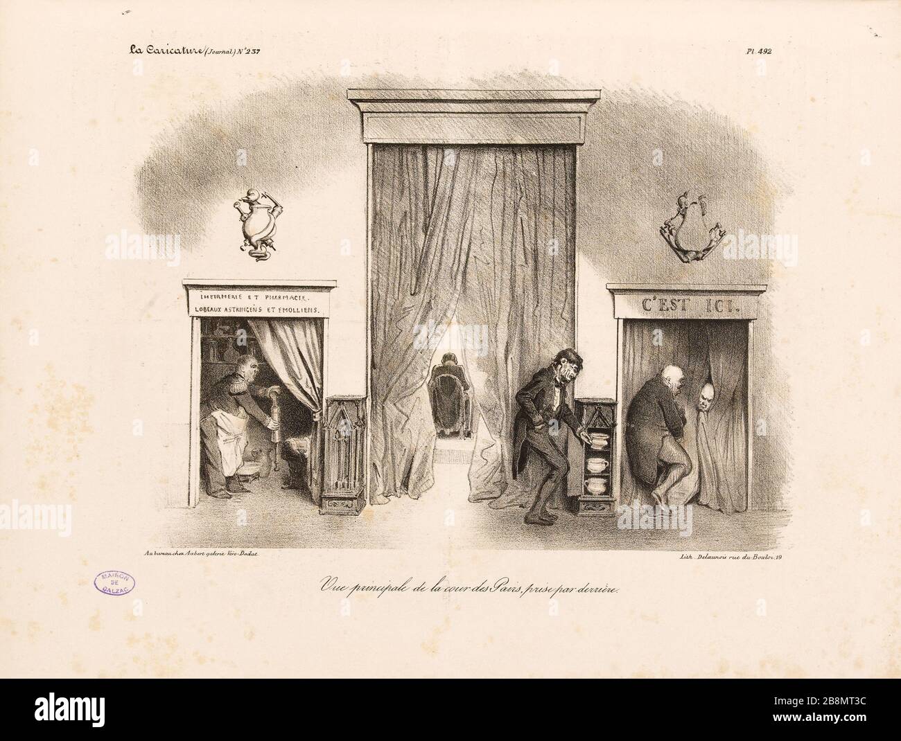 Vista principale della corte di Parigi, presa da dietro Anonyme. Caricature de presse. "Vue principale de la cour de Paris, price par derrière". Planche parue dans 'la Caricature' du 21 mai 1835. Lithographie. Parigi, Maison de Balzac. Foto Stock