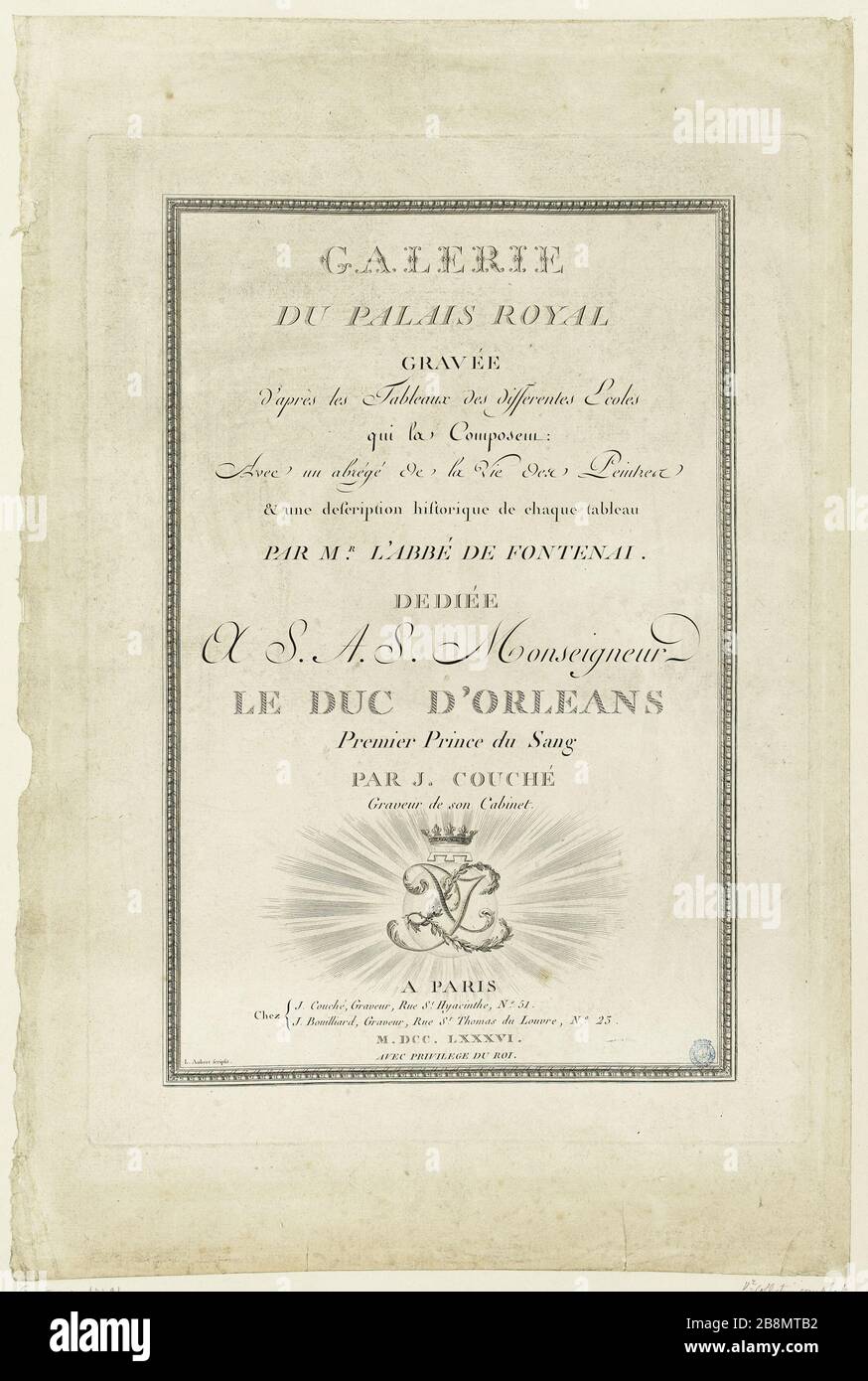 Frontespizio: Palais Royal Gallery inciso dalle tavole delle varie scuole che la compongono: Con una breve vita pittori e descrizione storica di ogni tavolo da mr. Abate Fontenai. Dedicato a S. A. S. il Duca d'Orleans, primo principe del sangue, di J. Lendendo. Jacques Couché. Frontispice : Galerie du Palais Royal gravée d'après les tableaux des différentes écoles qui la composent : avec un abrégé de la vie des peintres et une description historique de chaque tableau par mr. l'abbé de Fontenai. s. monseigneur le duc d'Orleans, primo principe du sang, par J. Couché. Foto Stock