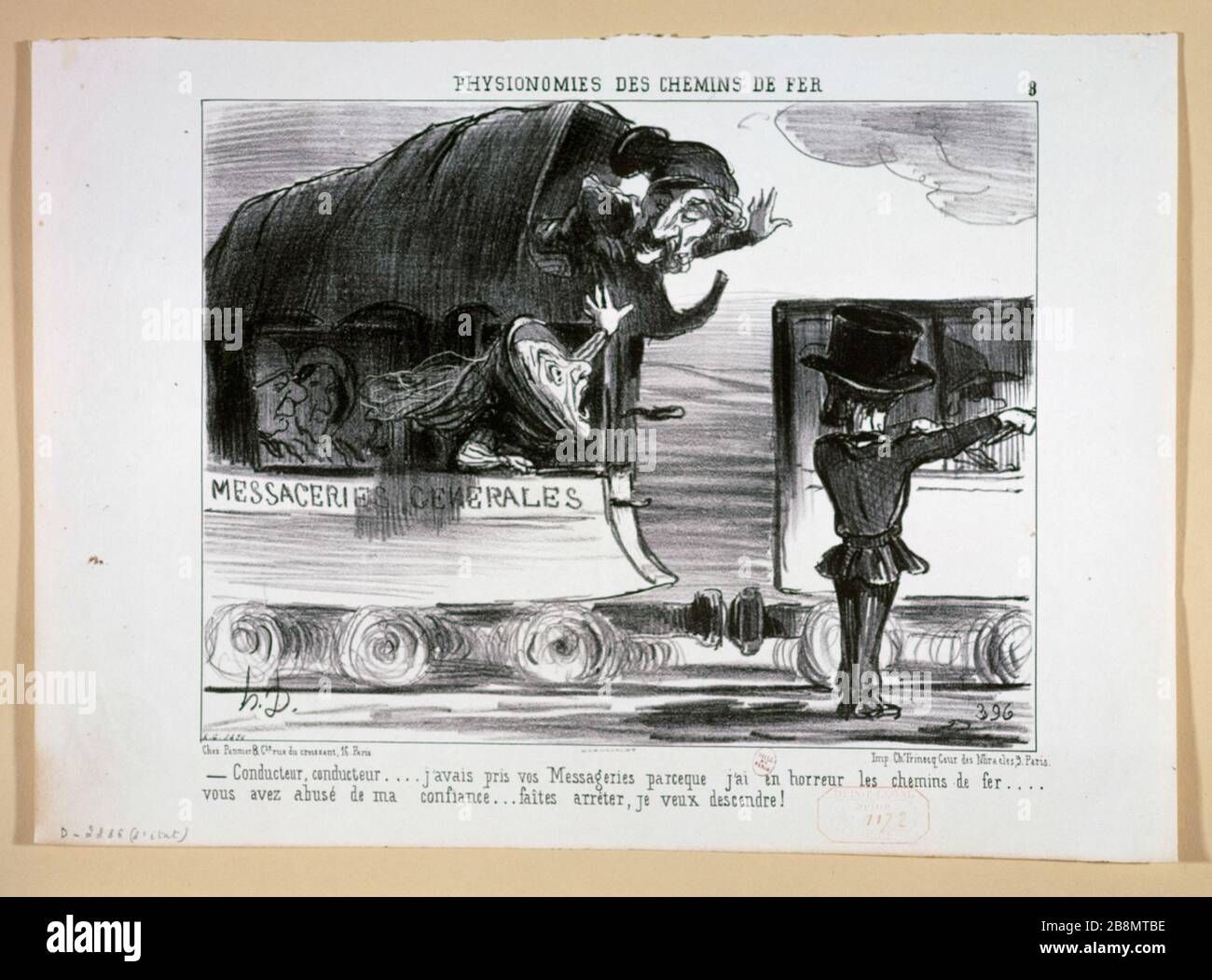 FACES FERROVIA, EDIZIONE 8 - DRIVER ... AVEVO PRESO IL VOSTRO CORRIERE Honoré Daumier (1808-1879). 'Physionomies des chemins de fer, numéro 8 - Conducteur... J'avais pris vos messageries'. Gravure. Parigi, musée Carnavalet. Foto Stock