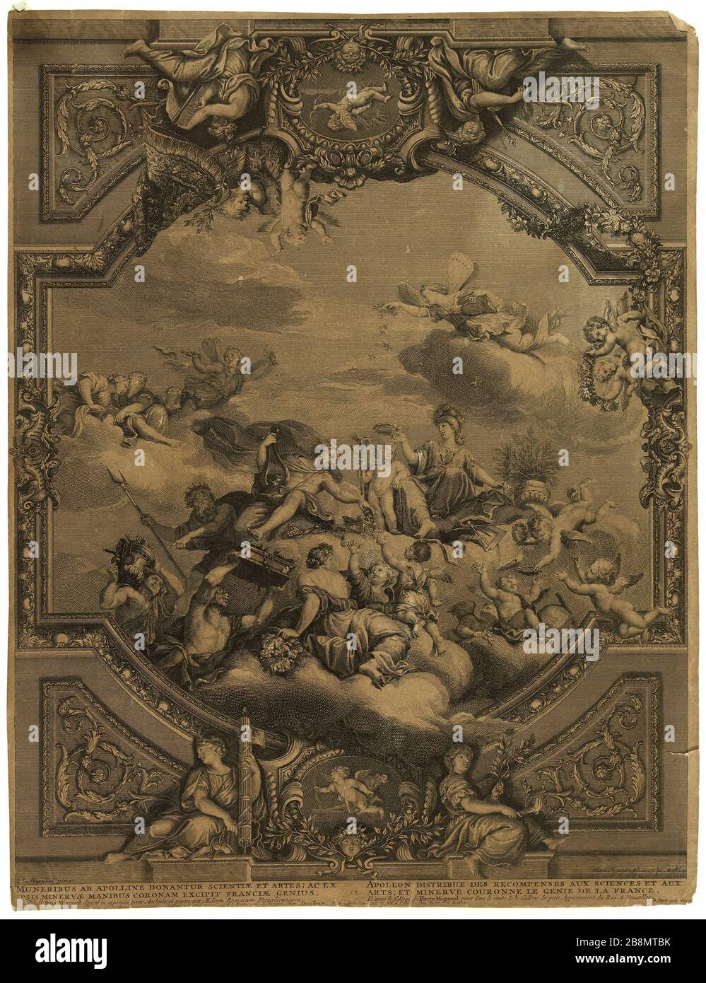 Apollo distribuisce i premi per la scienza e l'arte da Mignard Simon Thomassin. Apollon distribution des récompenses aux sciences et aux Arts d'après Mignard. Eau-forte et burin. Musée des Beaux-Arts de la Ville de Paris, Petit Palais. Foto Stock