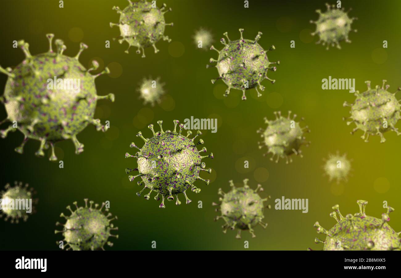 Coronavirus Virus Outbreak, Microbiology and Virology Concept, rendering 3D Foto Stock