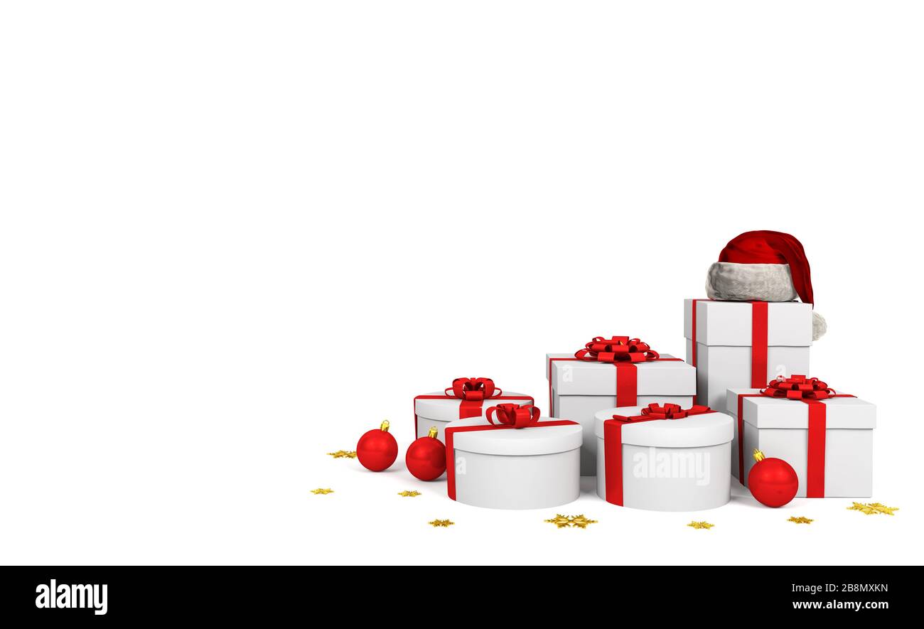Scatole regalo bianche con nastro rosso e cappello di Babbo Natale su sfondo bianco, rendering 3D Foto Stock
