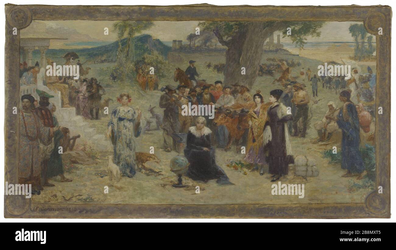 Schizzo per la città di Bois-Colombes: I cinque continenti Fernand Anne Piestre, dit Fernand Cormon (1854-1924). 'Les cinq continenti'. Esquisse pour la mairie de Bois-Colombes. Huile sur toile, 1919. Musée des Beaux-Arts de la Ville de Paris, Petit Palais. Foto Stock