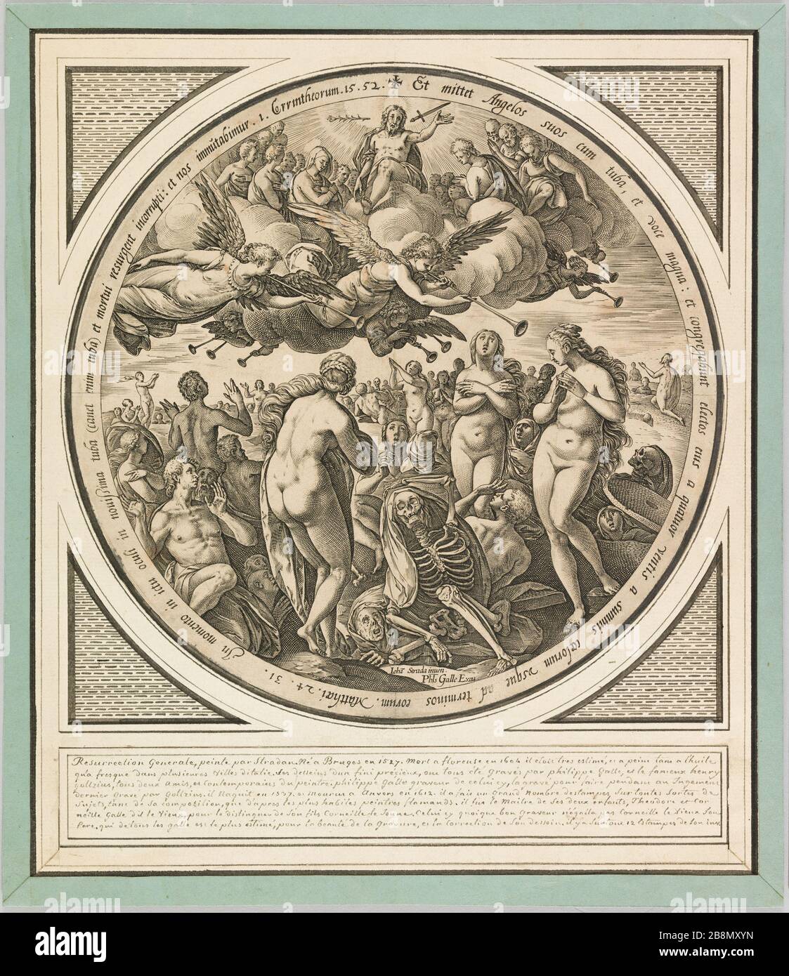 La Resurrezione dei morti Philippe Galle (1537-1612). La Résurrection des morts. Gravure de Goltzius d'après Jan van der Straet représentant la résurrection des morts. Gravure, décor d'encadrement et inscription à l'encrre noire et au crayon graphite, papier vergé, fausse-marge, 1577. Parigi, musée de la vie romanticique. Foto Stock