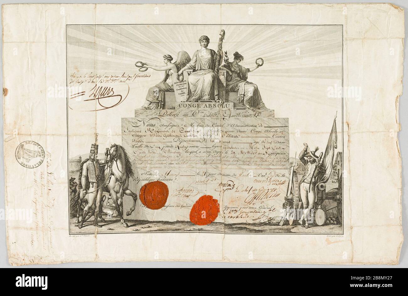 Dichiarazione di congedo assoluto del 7° reggimento di cavalleria François Godefroy (1743-1819). Conné absolu délivré au citoyen-cavalier Hilaire Guilleminet le 21 Ventose de l'an 10 (Mars 1802), validé à Poitiers par la Préfecture de la Vienne le 12 Germinal de l'an 10 (avril 1802). Gravure, inscriptions et signatures à l'encre, sceaux de cire. Parigi, musée de la vie romanticique. Foto Stock