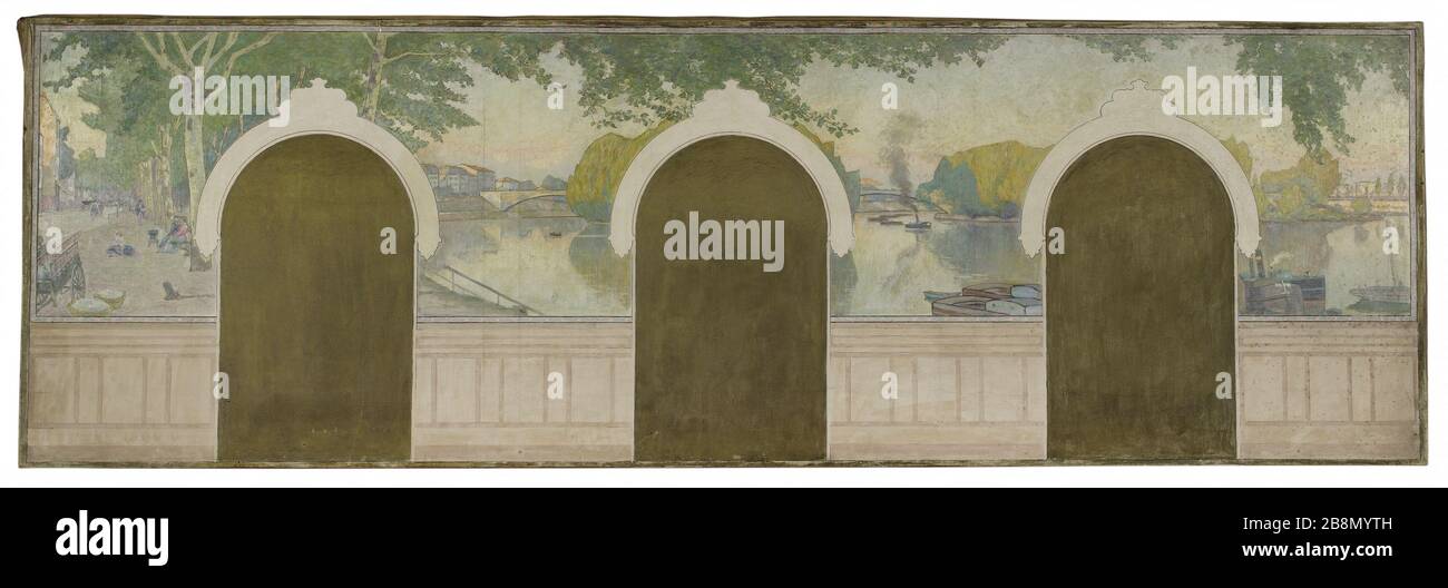 Schizzo per il sindaco di Asnières: Il ponte della Senna Clichy Henry Marius Camille Bouvet (1859-1945). "La Seine au pont de Clichy". Esquisse pour la mairie d'Asnières. Huile sur toile, 1900. Musée des Beaux-Arts de la Ville de Paris, Petit Palais. Foto Stock