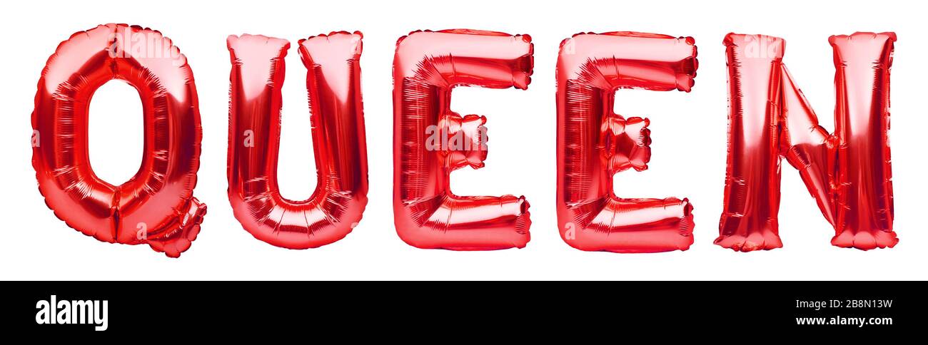 Regina parola rossa fatta di palloncini gonfiabili isolato su sfondo bianco. Lettere palloncino rosa. Festa, compleanno, celebrazione concetto Foto Stock