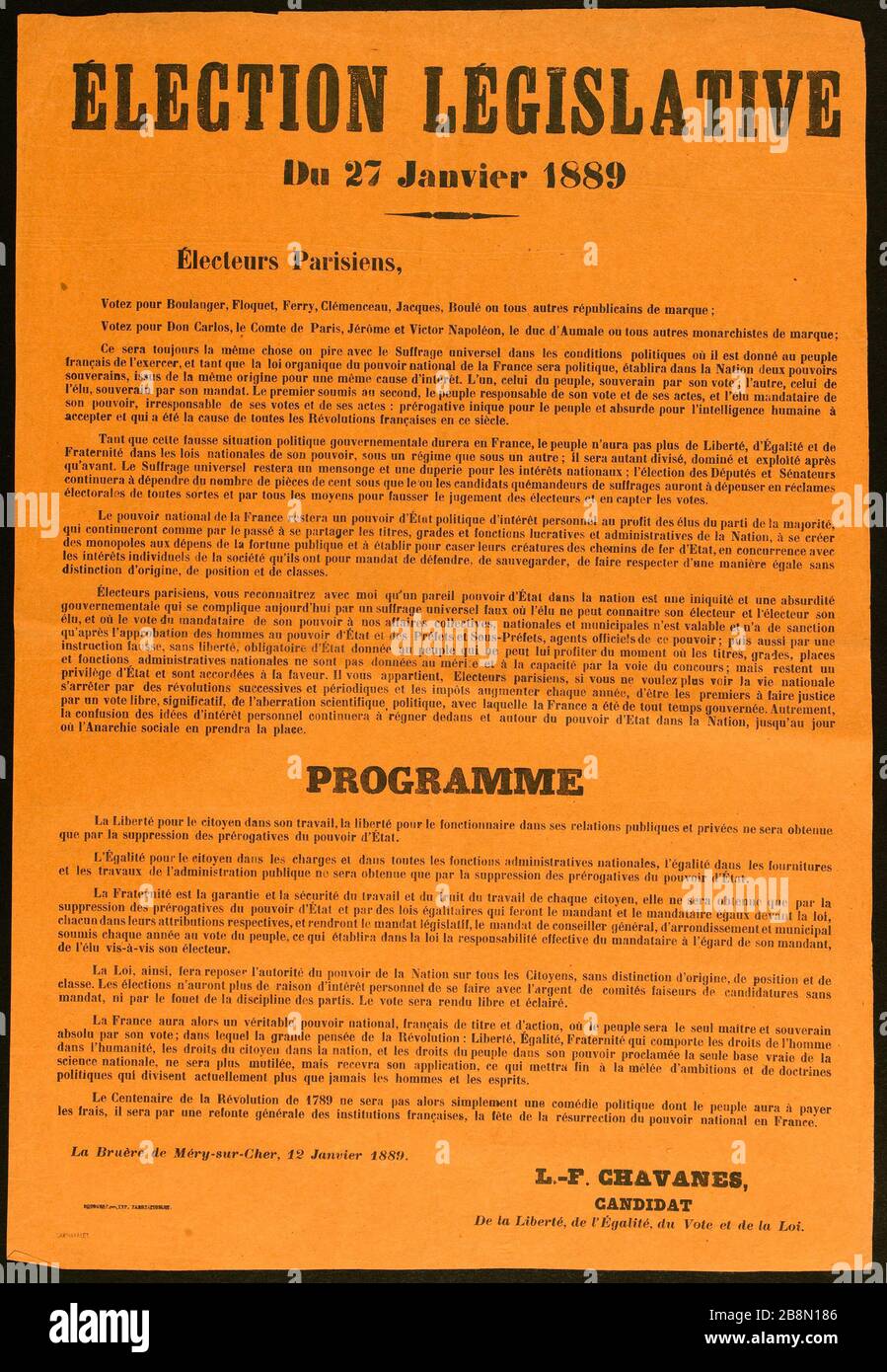 ELEZIONI LEGISLATIVE, dal 27 gennaio 1889 votanti parigini votano per Baker, Floquet, Ferry, Clemenceau, Jacques, Boulé o qualsiasi altro marchio repubblicano Imprimerie Tardy-Pigelet. ELEZIONE LEGISLATIVA, Du 27 Janvier 1889 Electeurs Parisiens, Votez pour Boulanger, Floquet, traghetto, Clémenceau, Jacques, Boulé ou tous autres républicains de marque. Typographie sur papier arancione. 1889. Parigi, musée Carnavalet. Foto Stock
