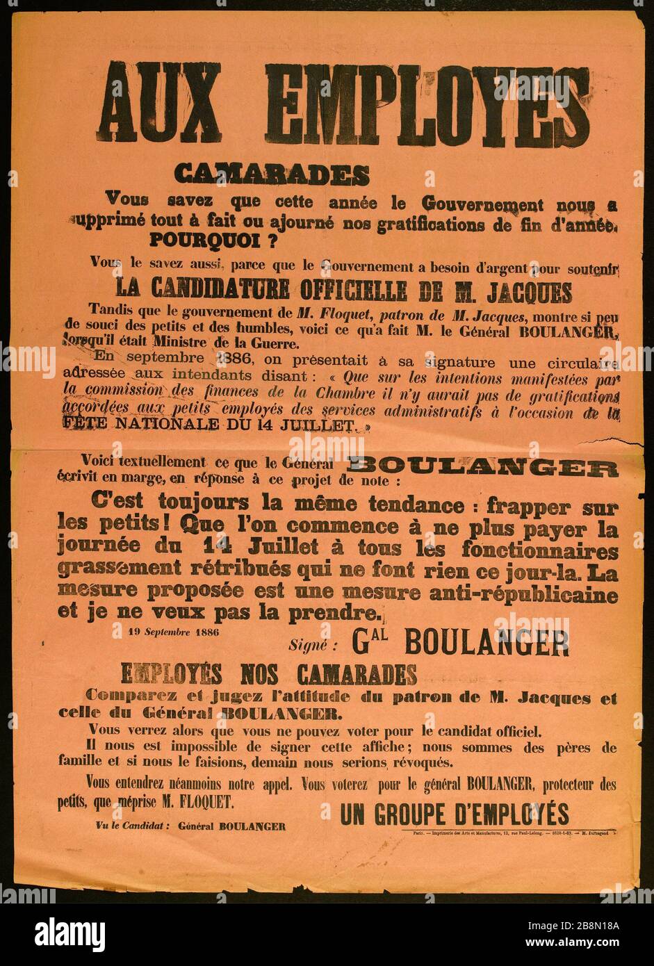 DIPENDENTE, COMPAGNI, sapete che quest'anno il governo ci ha rimossi del tutto o ha rinviato i nostri bonus di fine anno. Imprimerie des Arts et Manufactures. AUX EMPLOYES, CAMARADES, Vous savez que cette année le Gouvernement nous a suppprimé tout à fait ou ajourné nos gratificazioni de fin d'année. Typographie sur papier rosa. 1889. Parigi, musée Carnavalet. Foto Stock