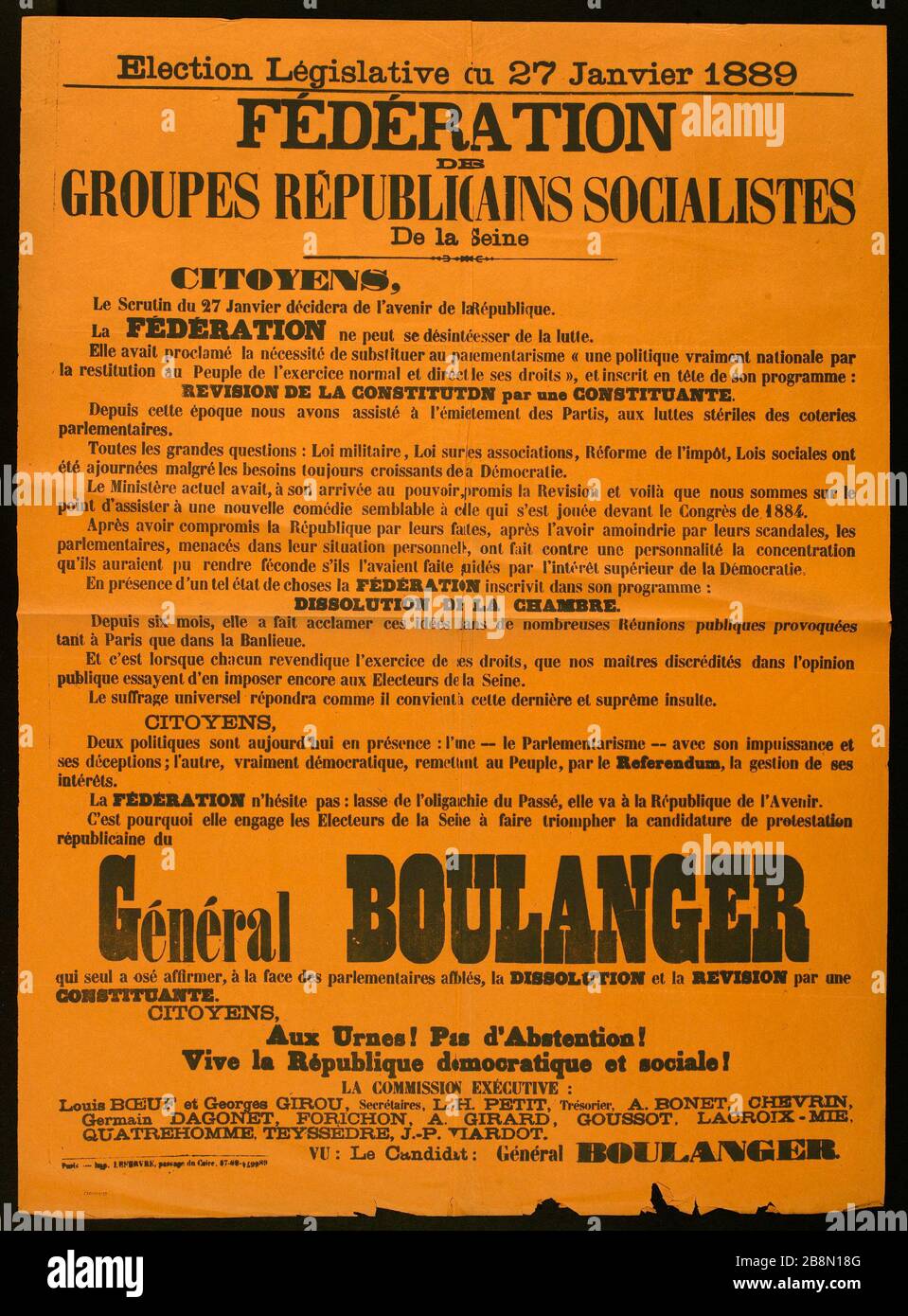 Elezione legislativa del 27 gennaio 1889, FEDERAZIONE DEL GRUPPO SOCIALISTA REPUBBLICANI De Seine Imprimerie Lefebvre. Election Législative du 27 Janvier 1889, FEDERATION DES GROUPES REPUBLICAINS SOCIALISTES De la Seine. Typographie sur papier arancione. 1889. Parigi, musée Carnavalet. Foto Stock