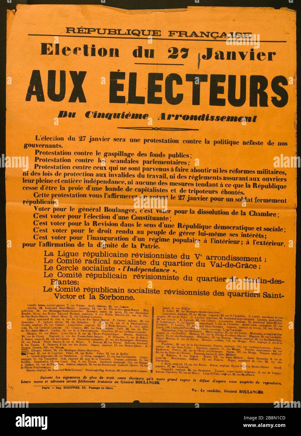 REPUBBLICA FRANCESE, elezione del gennaio 27, AGLI ELETTORI del V distretto Imprimerie Schiffek. REPUBLIQUE FRANCAISE, election du 27 Janvier, AUX ELECTEURS du Cinquième Arrondissement. Typographie sur papier arancione. 1889. Parigi, musée Carnavalet. Foto Stock