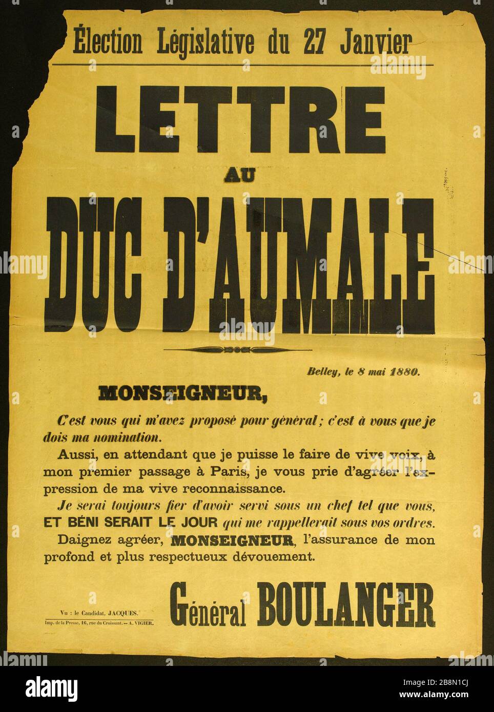 Elezione legislativa del gennaio 27, LETTERA AL DUCA D'AUMALE Imprimerie de la Presse - A. Vigier. Elezione Législative du 27 Janvier, LETTRE au DUC D'AUMALE. Typographie sur papier jaune. 1889. Parigi, musée Carnavalet. Foto Stock