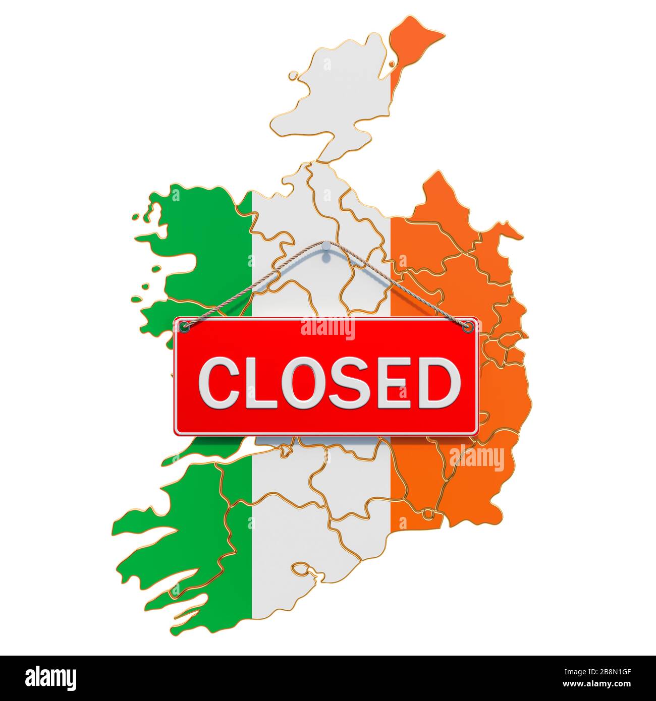 Mappa irlandese con cartello chiuso, concetto di quarantena. Rendering 3D isolato su sfondo bianco Foto Stock