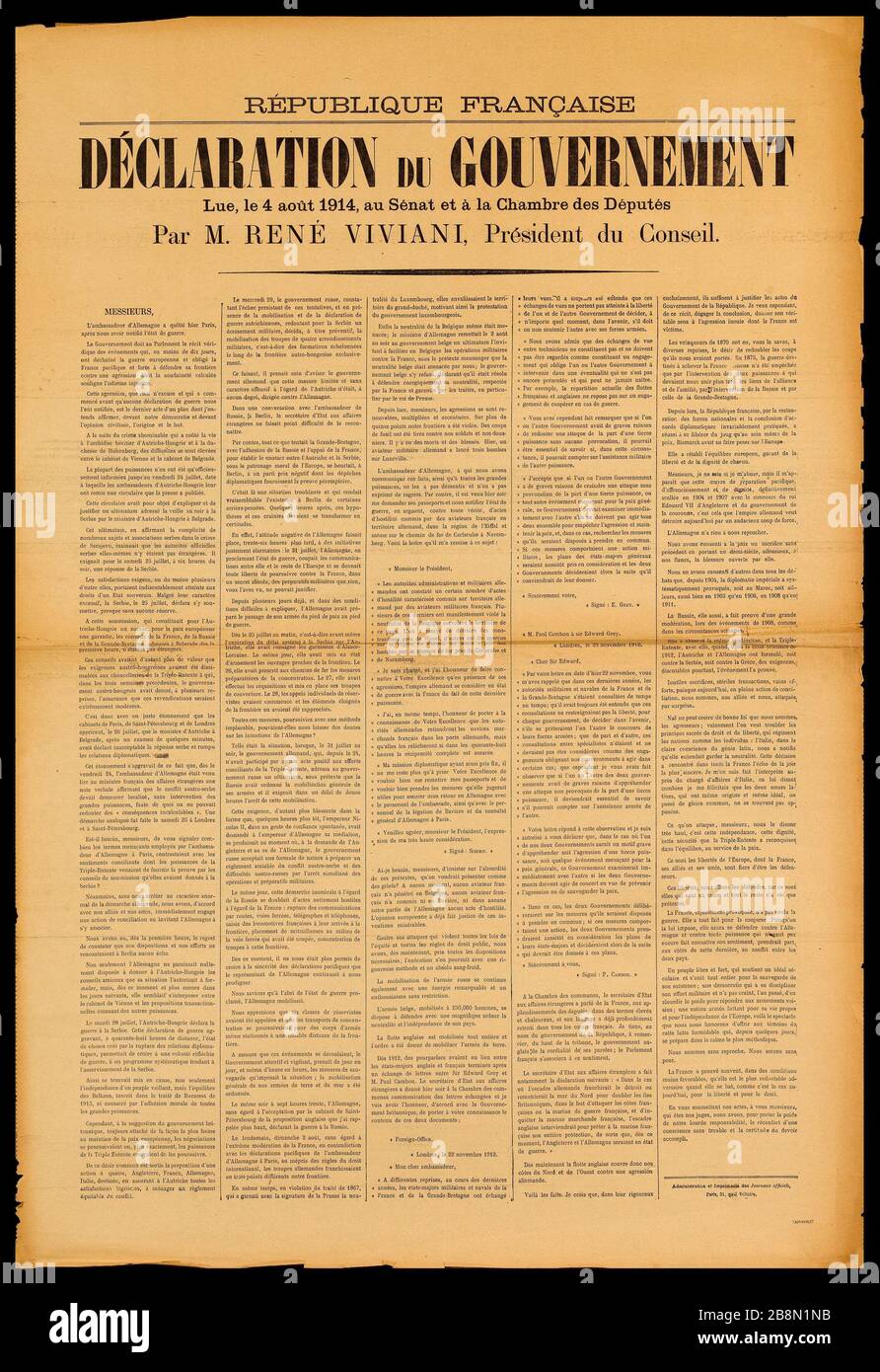 Capitali, DICHIARAZIONE DU GOUVERNEMENT, Lué, 4 agosto 1914, al Senato e alla Chambre des Députés di M. René Viviani, Presidente du Conseil. Affari d'information. "République française, déclaration du gouvernement, lue, le 4 août 1914, au sénat et à la chambre des députés par M. René Viviani, président du conseil". Typographie. 1914. Imprimerie des Journaux Officiels.Paris, musée Carnavalet . Foto Stock